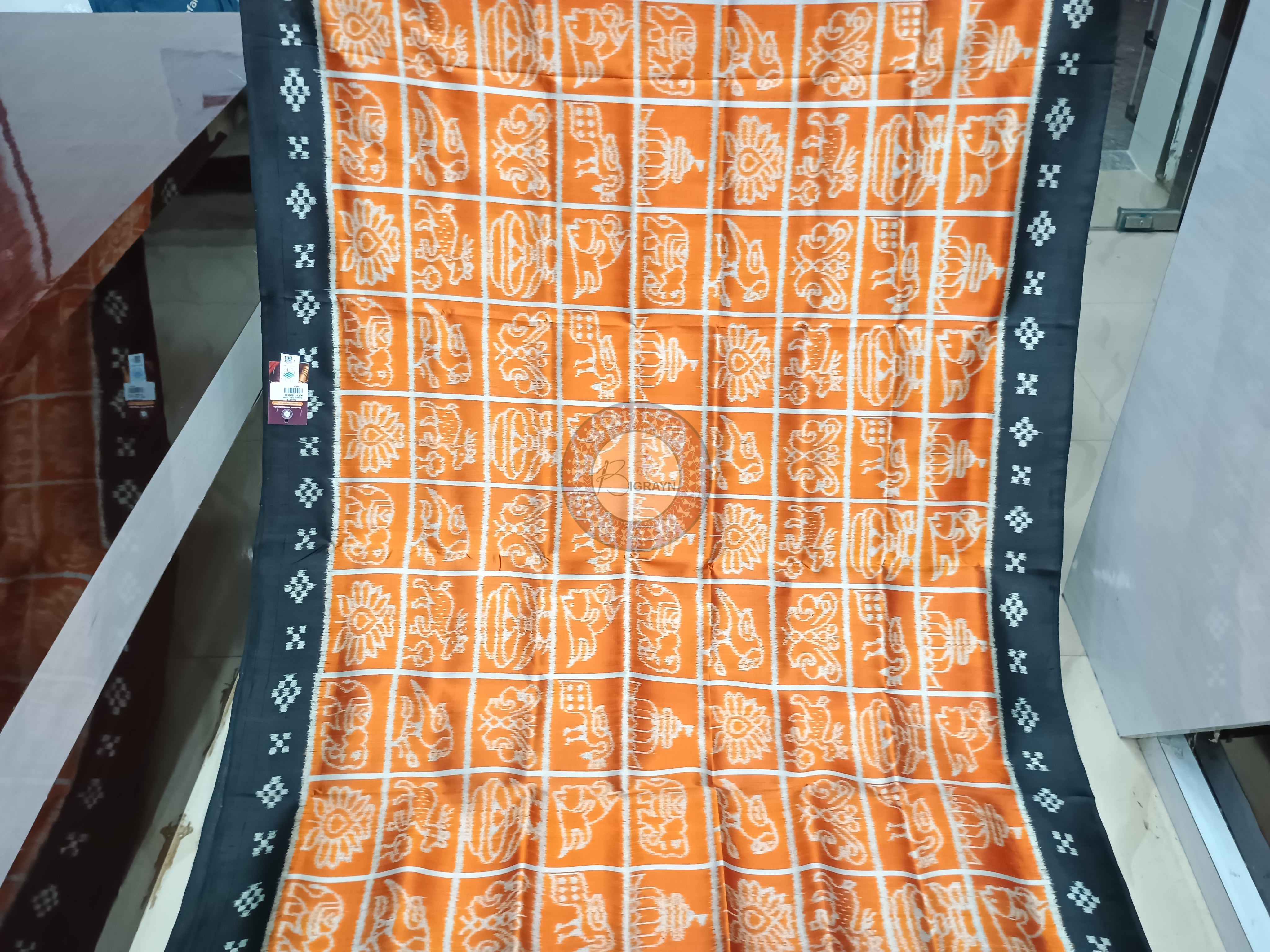 Orange Black Nabakothi Design Mulberry Silk Saree