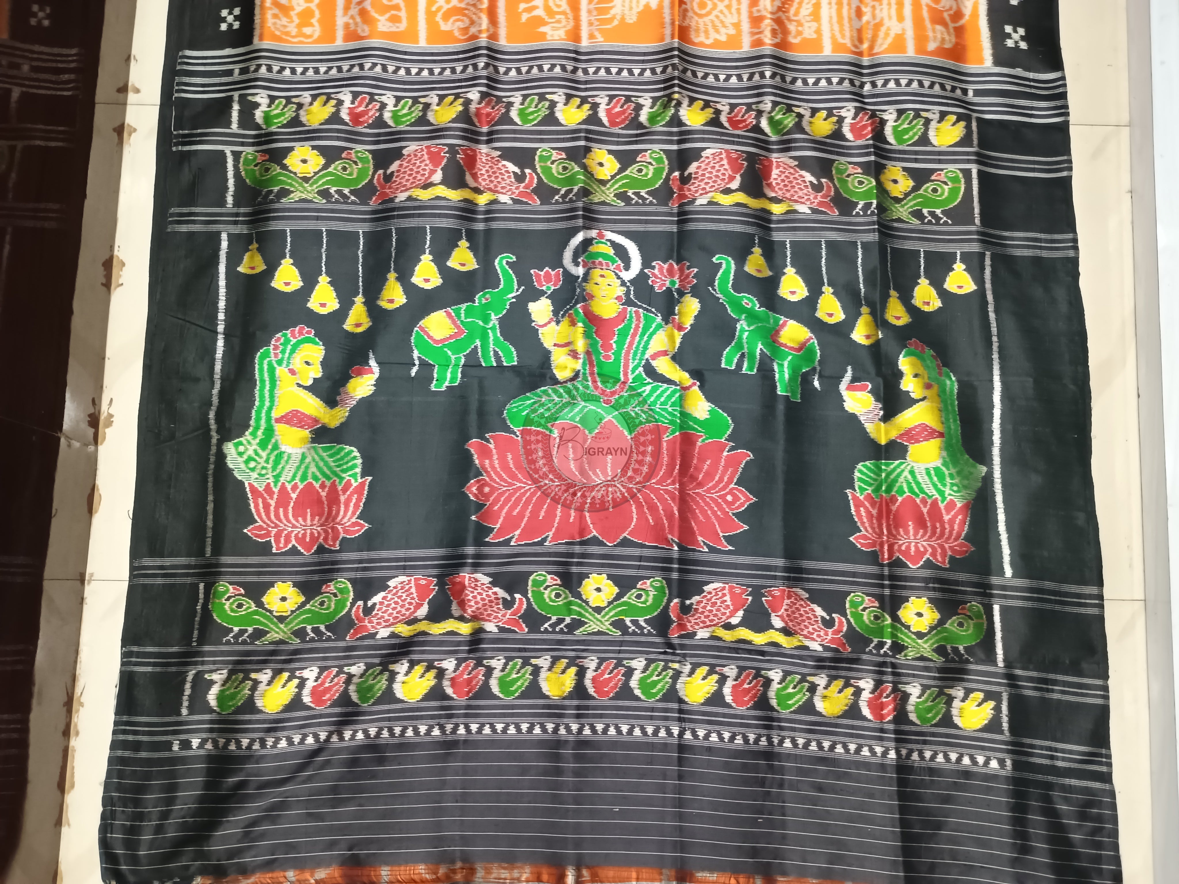 Orange Black Nabakothi Design Mulberry Silk Saree