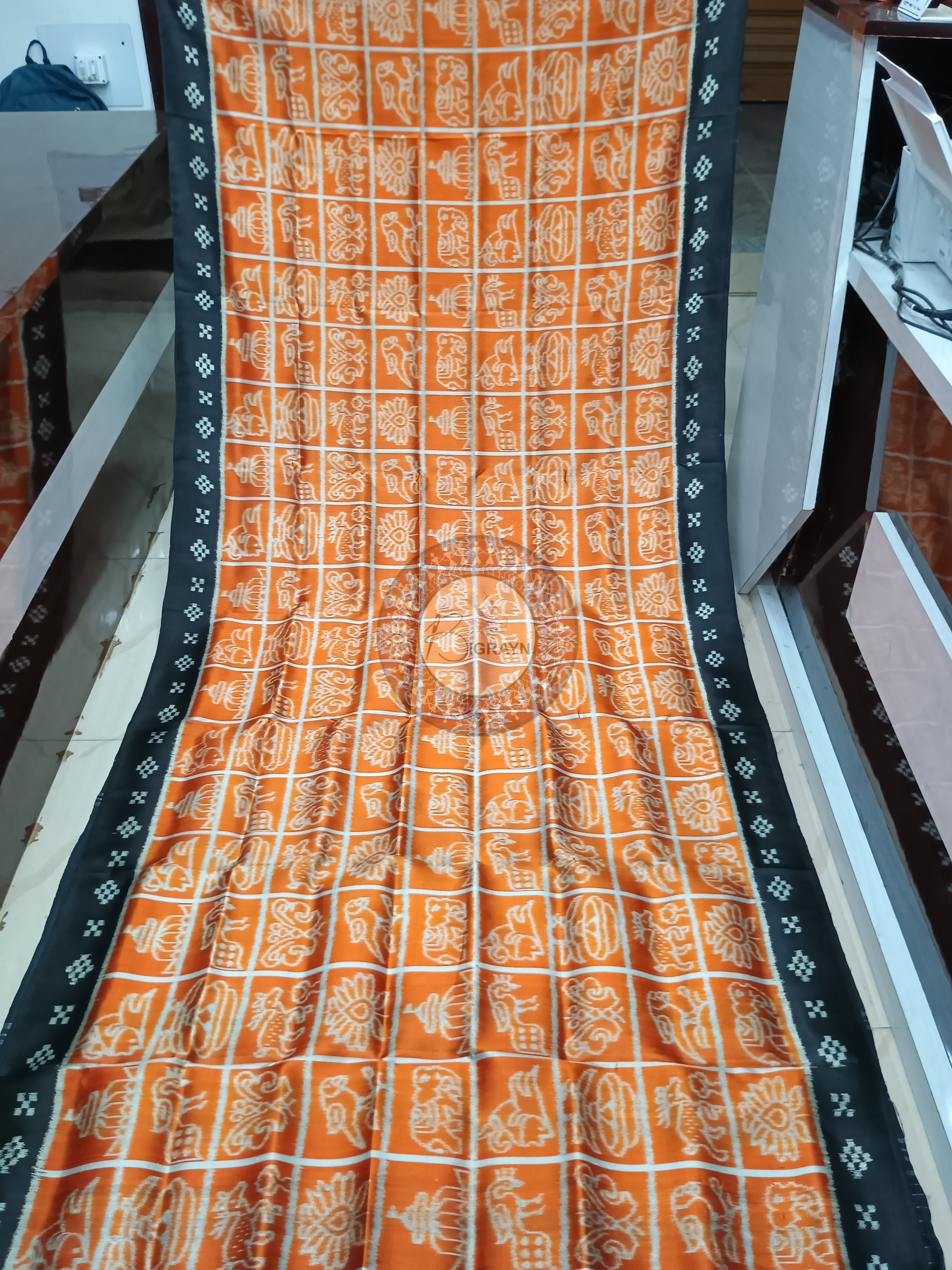 Orange Black Nabakothi Design Mulberry Silk Saree