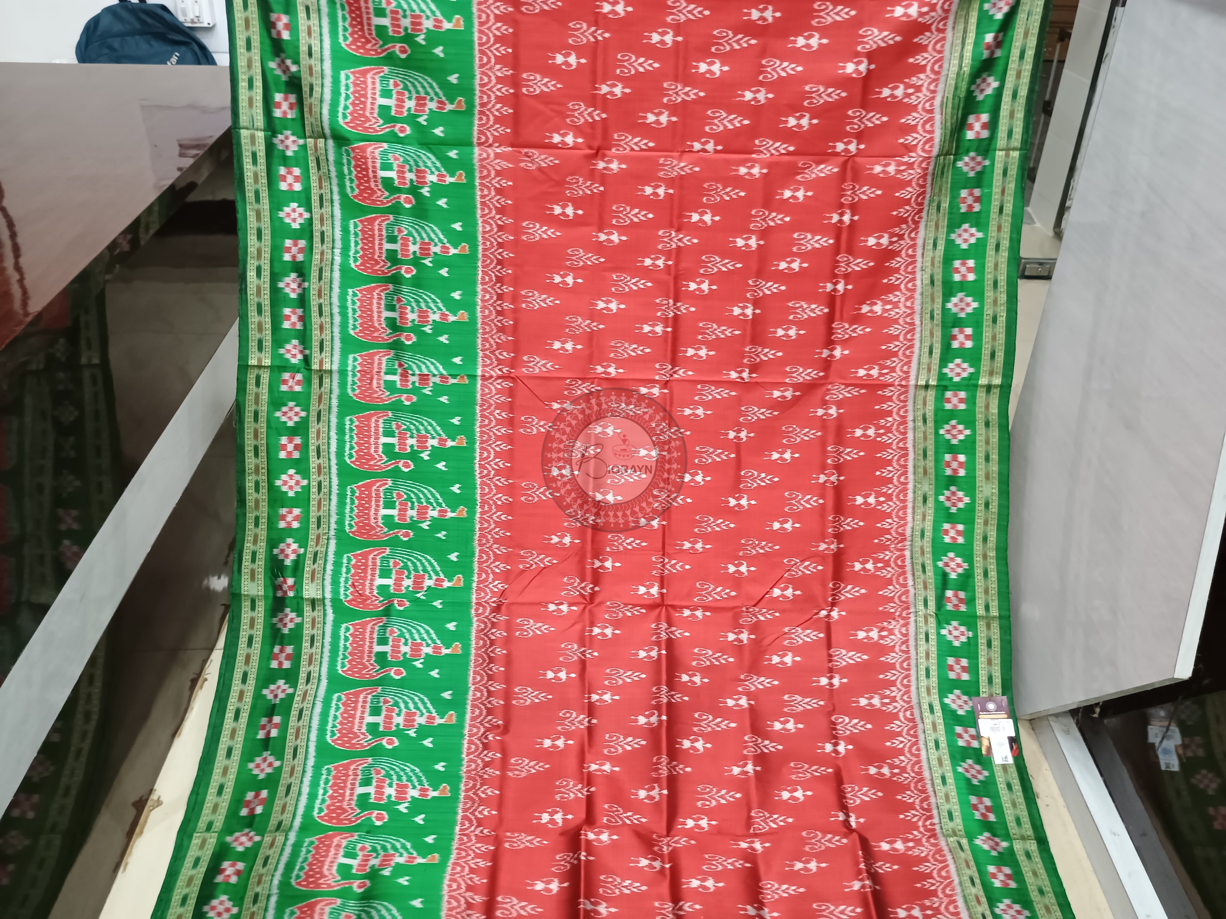 Maroon Green Tribal Design Mulberry Silk Saree
