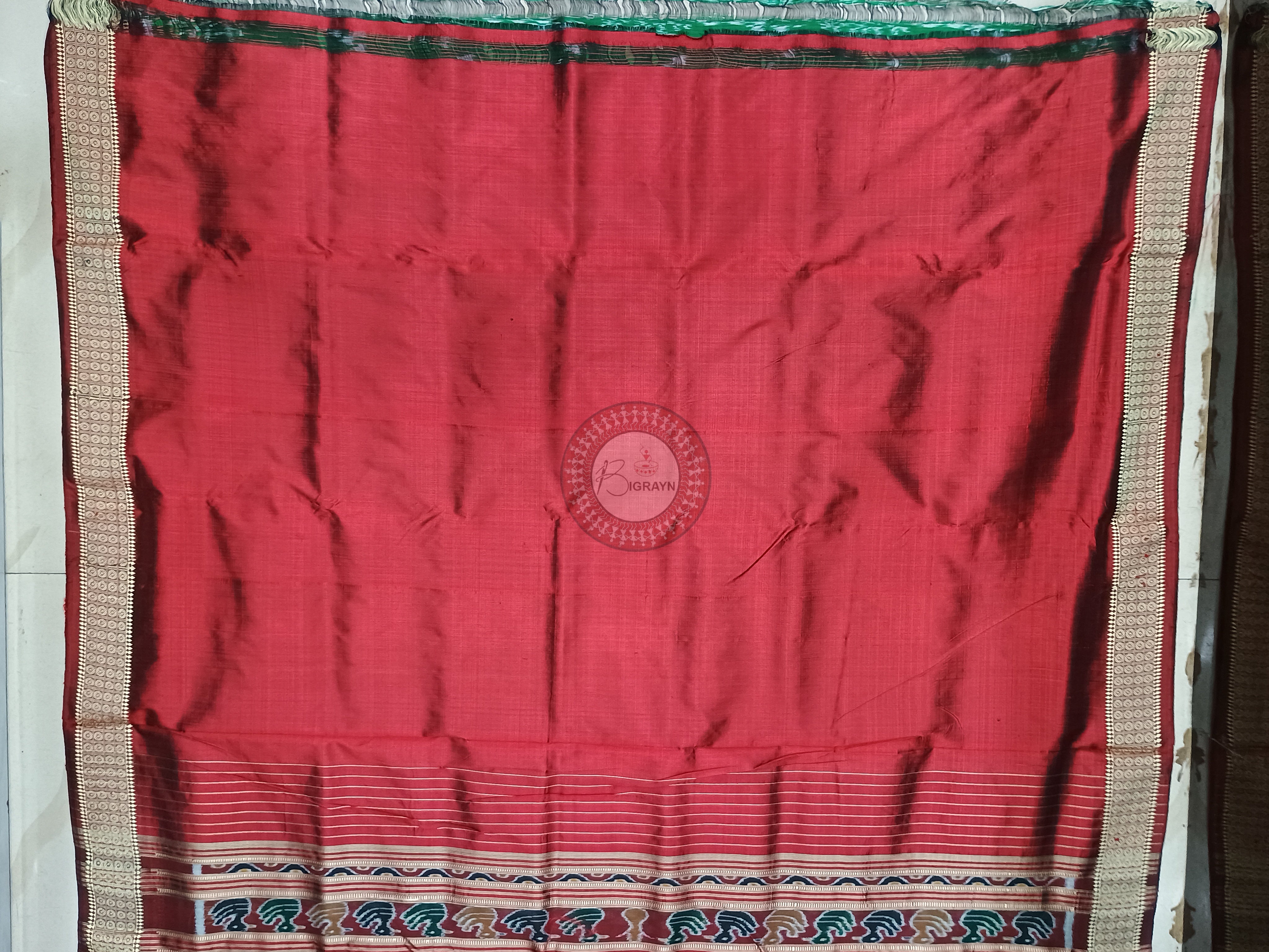 Green Maroon Tribal Chita Design Mulberry Silk Saree