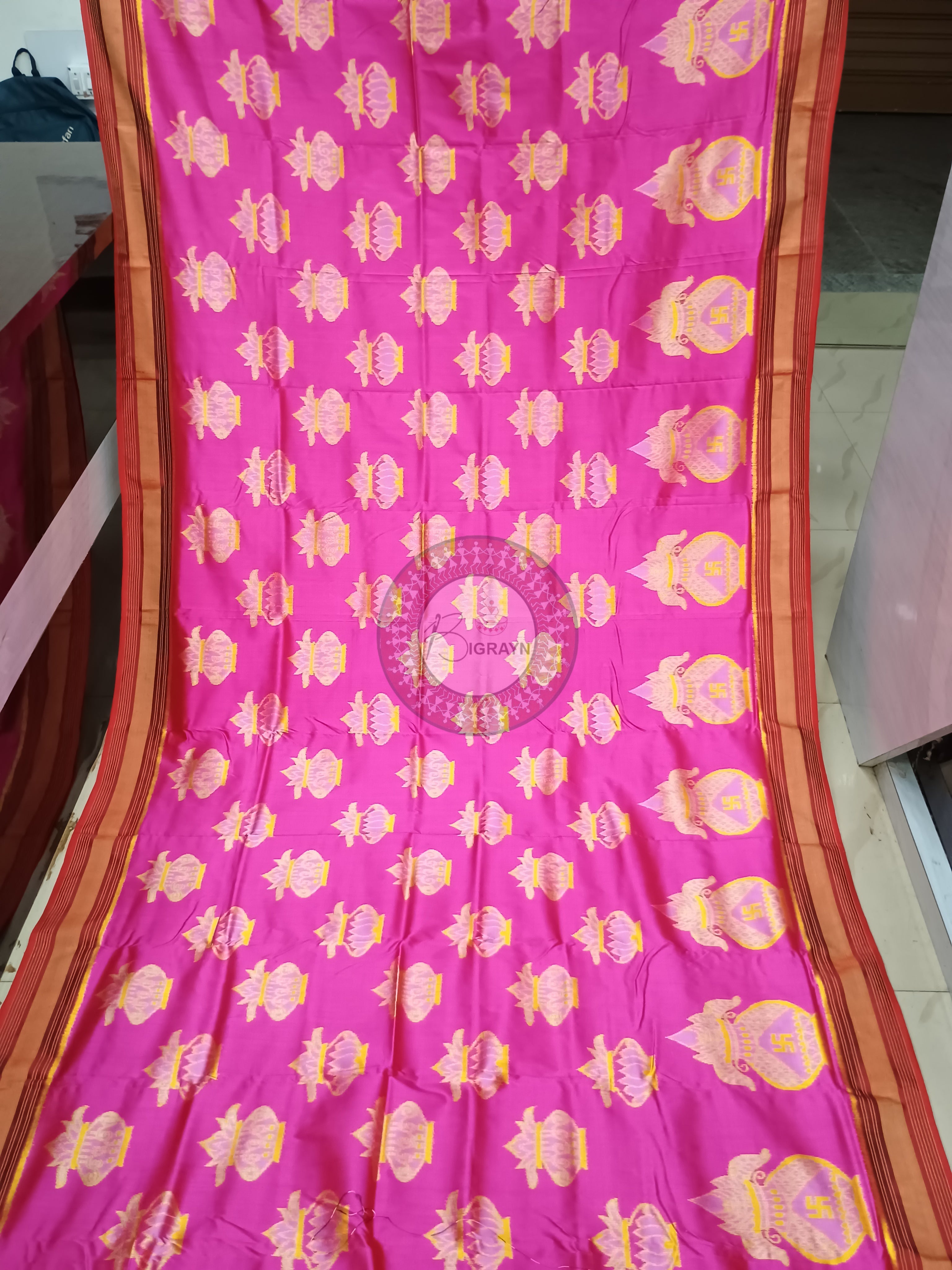 Pink Red Kalashi Design Mulberry Silk Saree