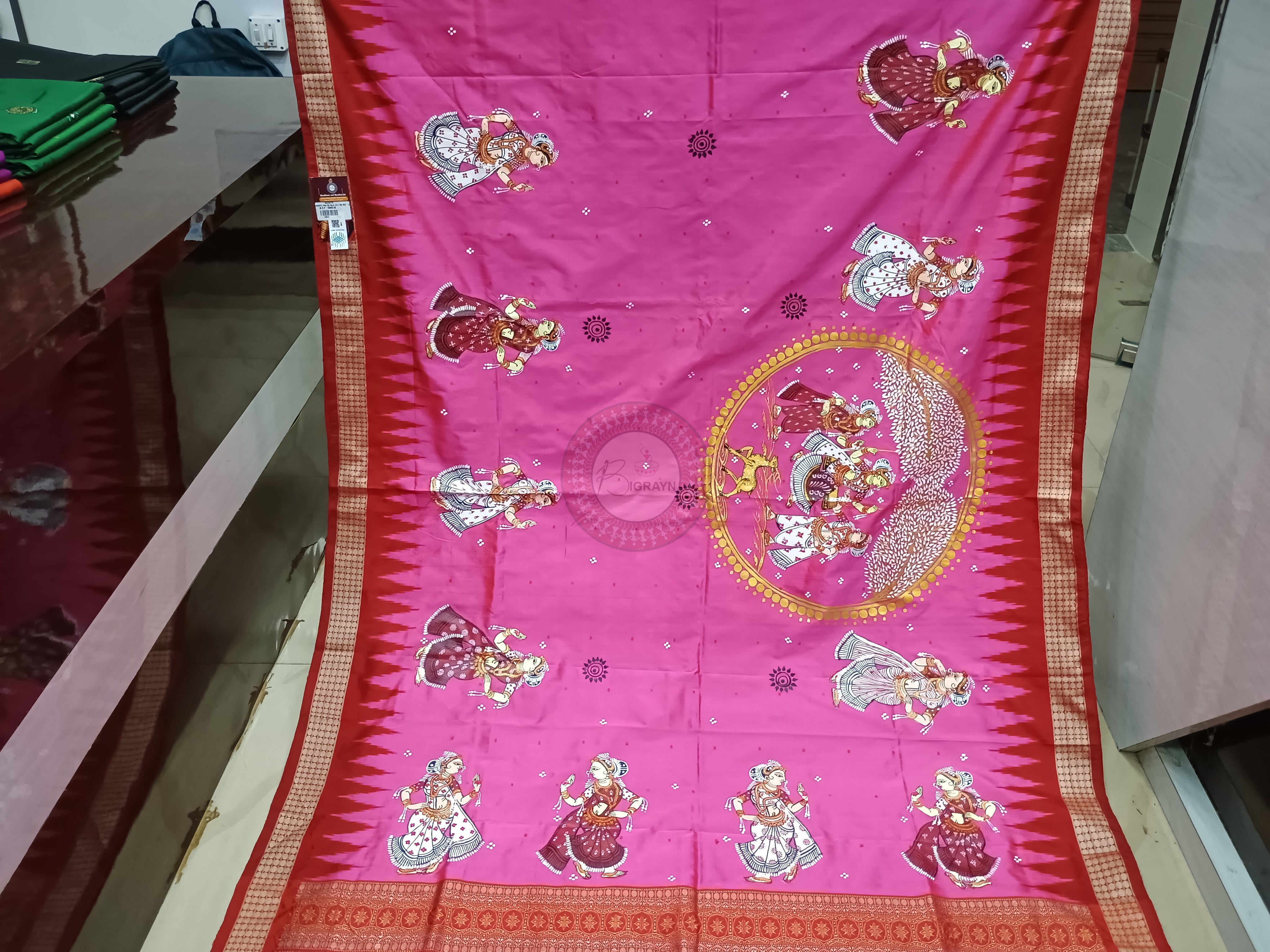 Pink Red Raja Doli Pattachitra Bomkai Silk Saree