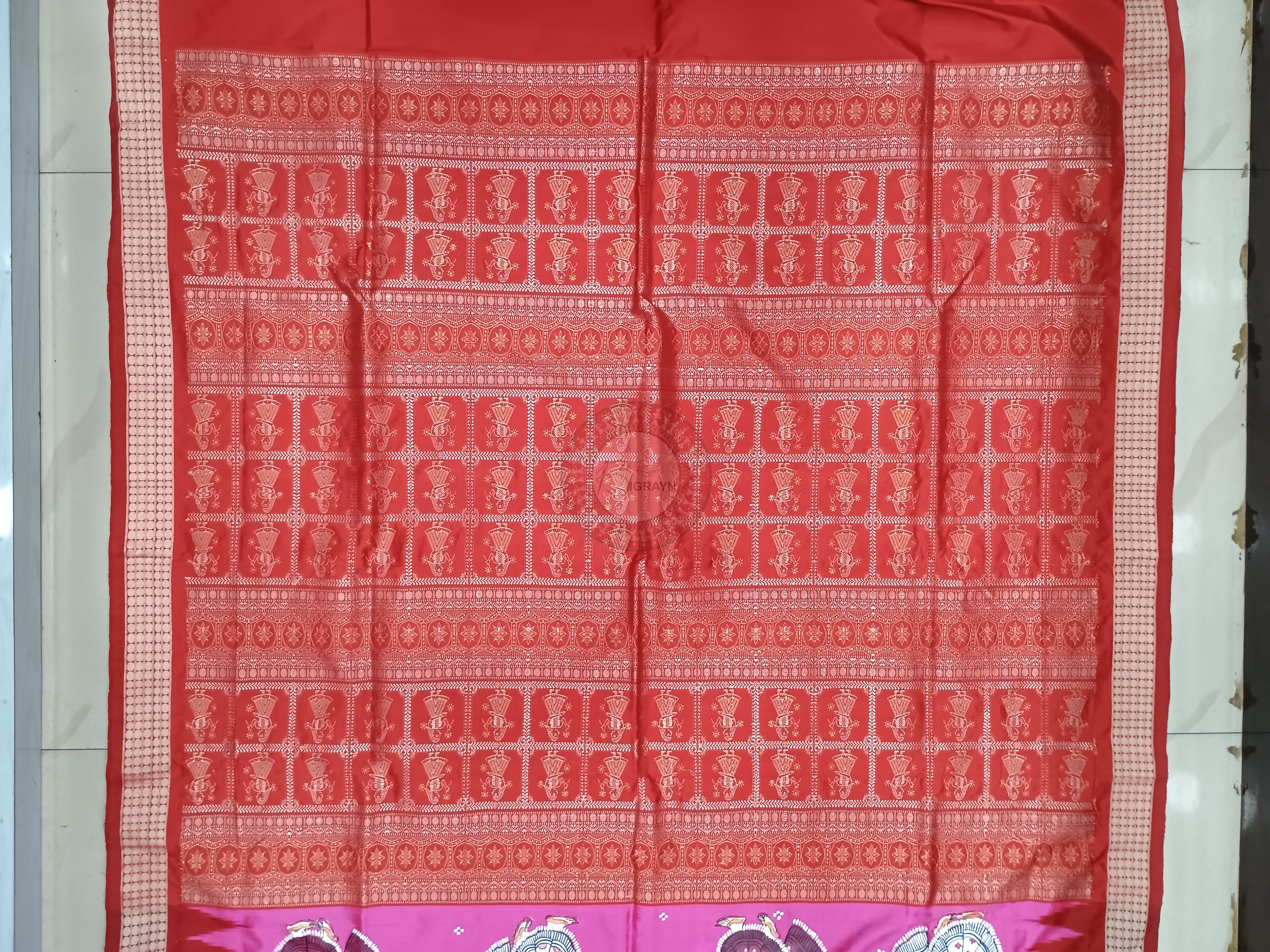 Pink Red Raja Doli Pattachitra Bomkai Silk Saree