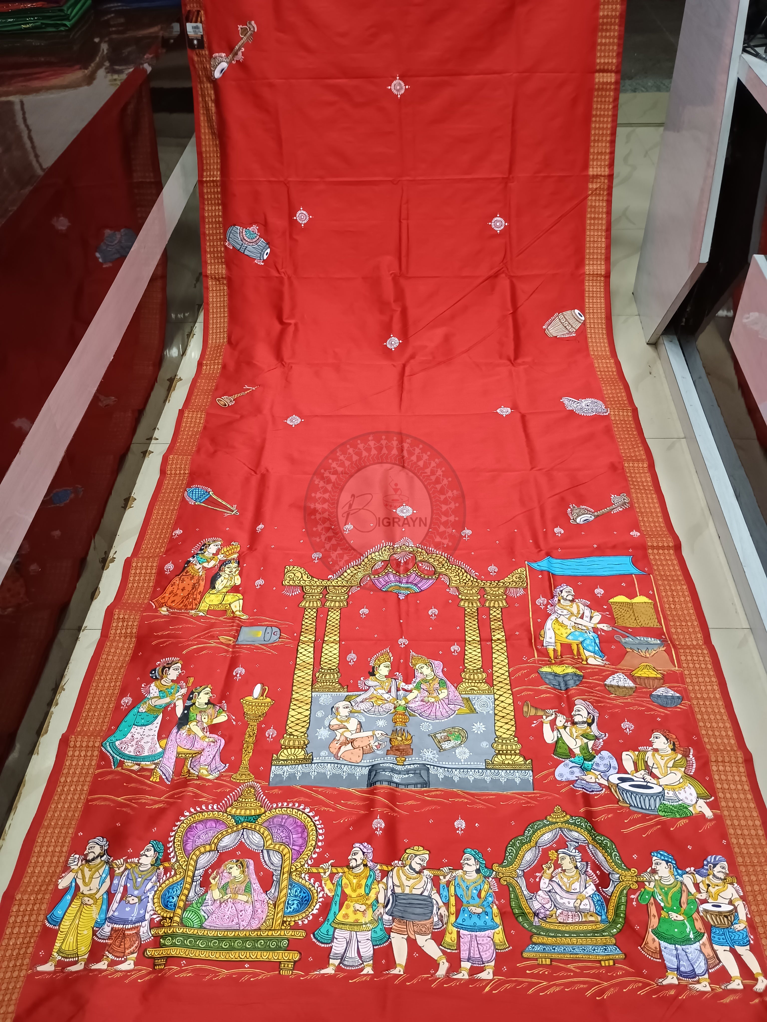 Red Marriage Theme Pattachitra Cotton Blended Silk Saree