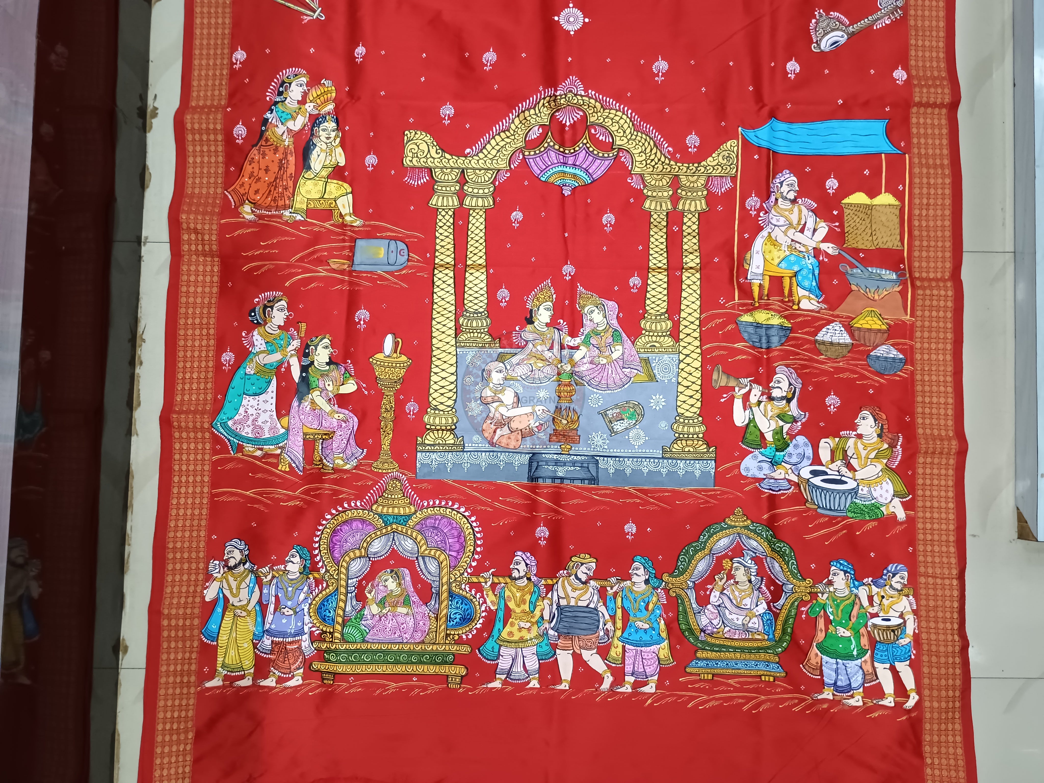 Red Marriage Theme Pattachitra Cotton Blended Silk Saree