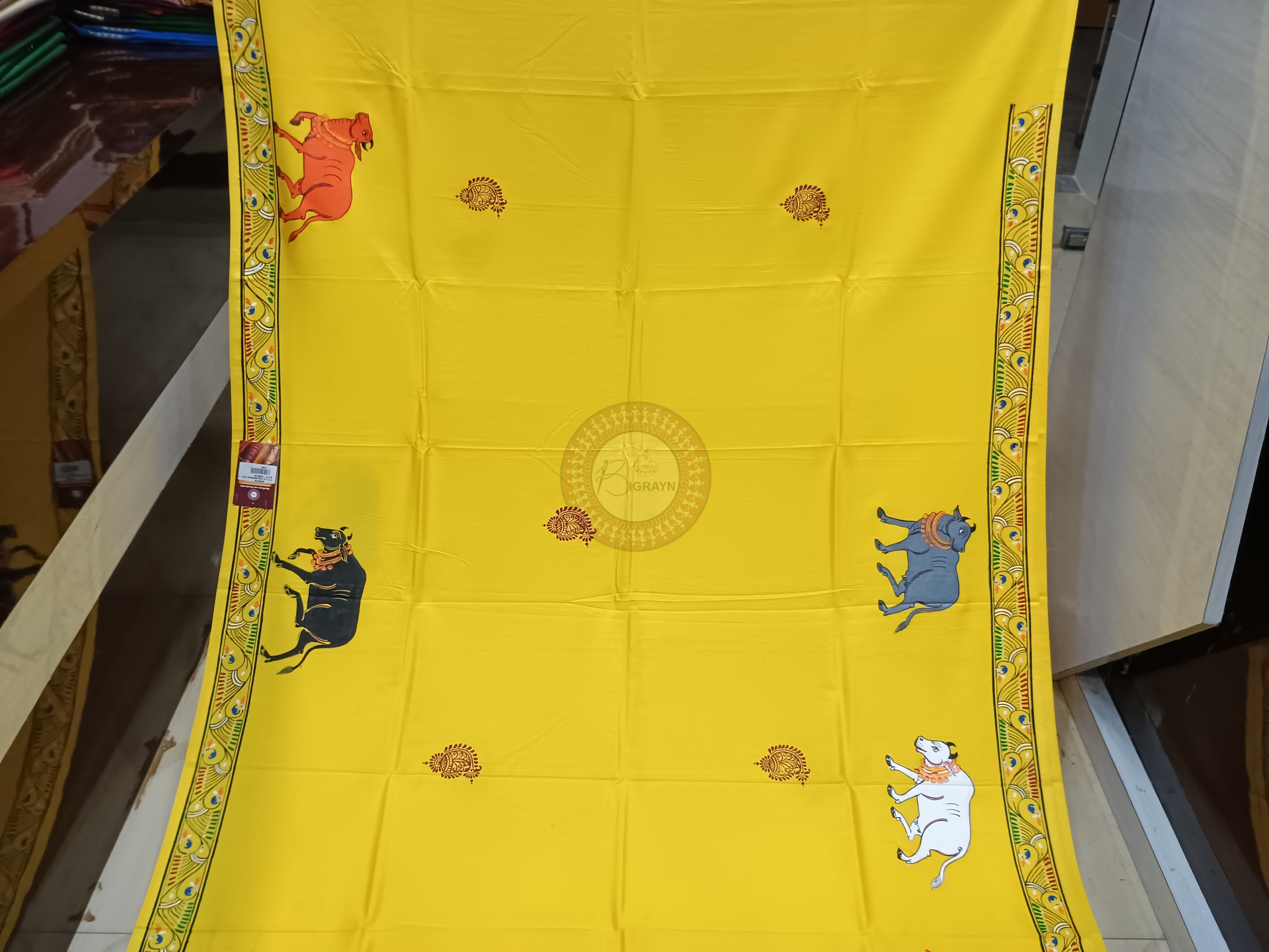 Yellow Girigobardhan Theme Pattachitra Khadi Silk Saree