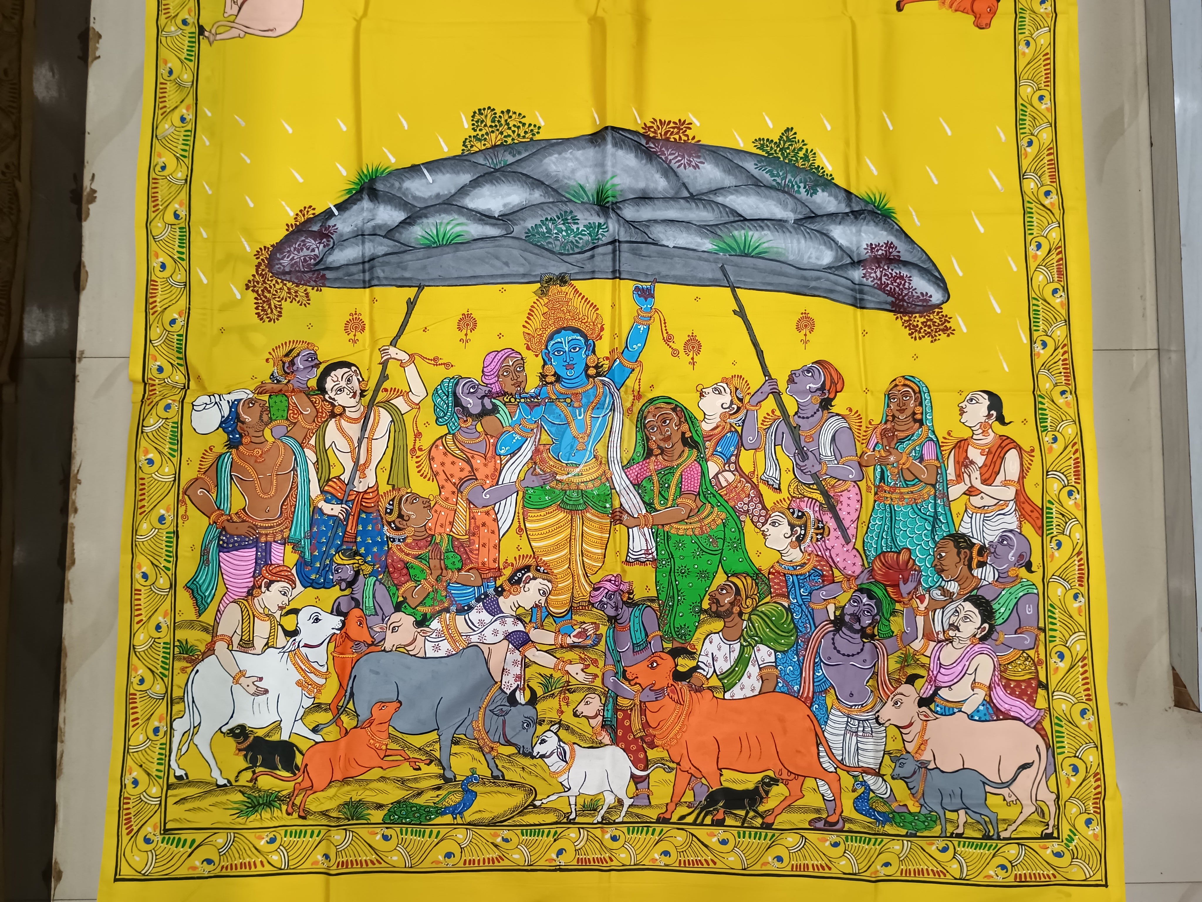Yellow Girigobardhan Theme Pattachitra Khadi Silk Saree