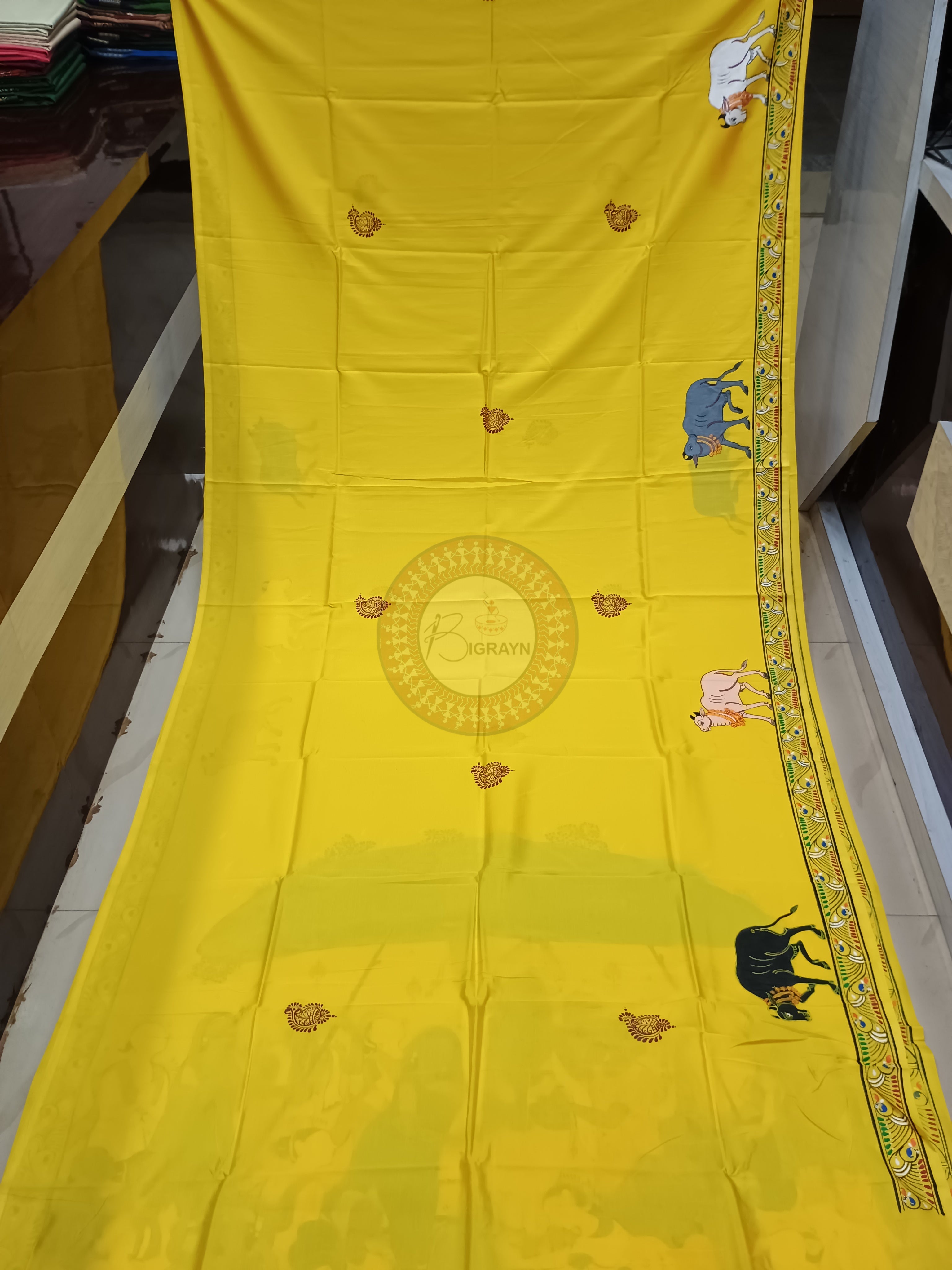 Yellow Girigobardhan Theme Pattachitra Khadi Silk Saree