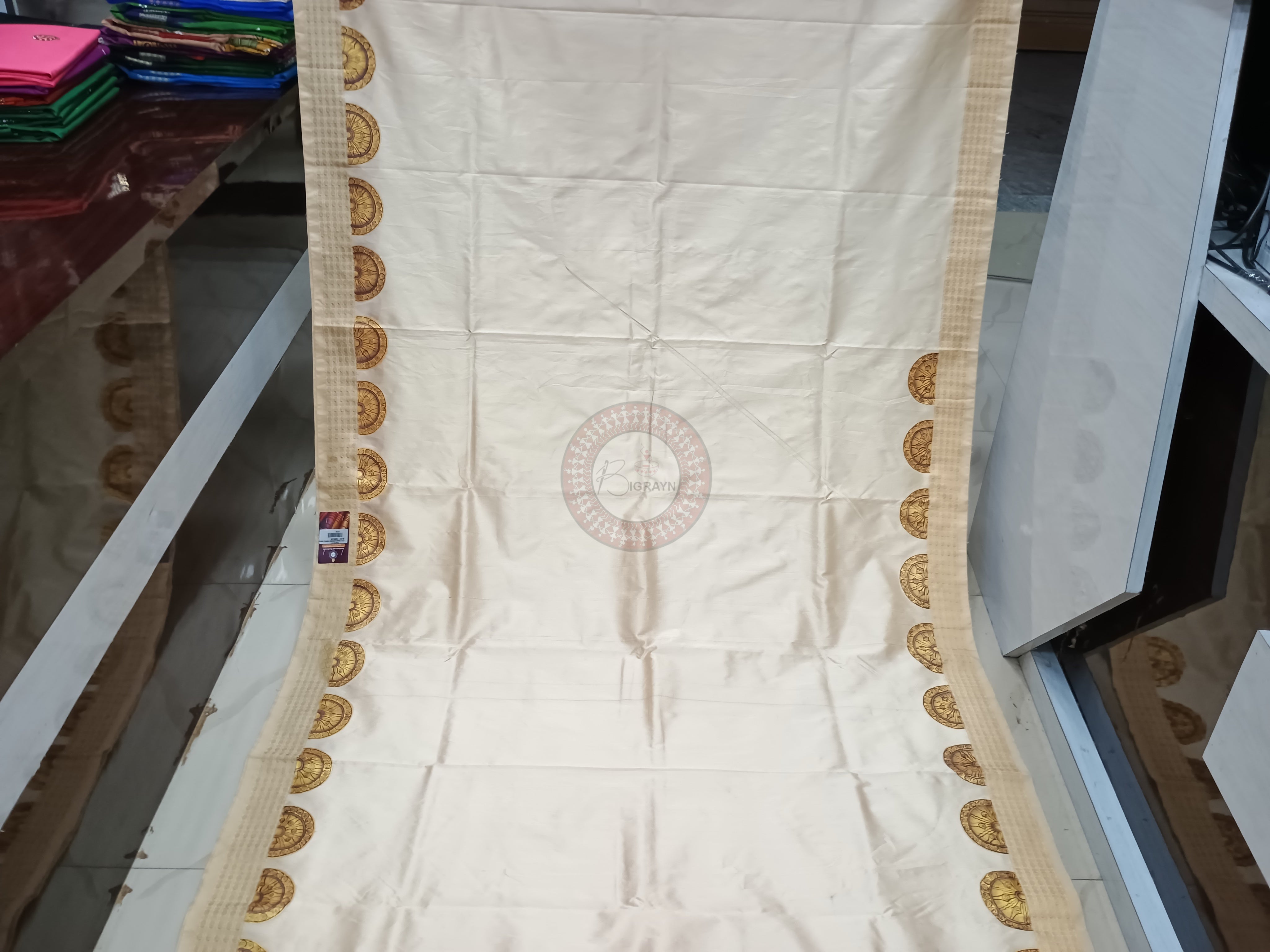 Cream Konark Theme Pattachitra Cotton Blended Silk Saree