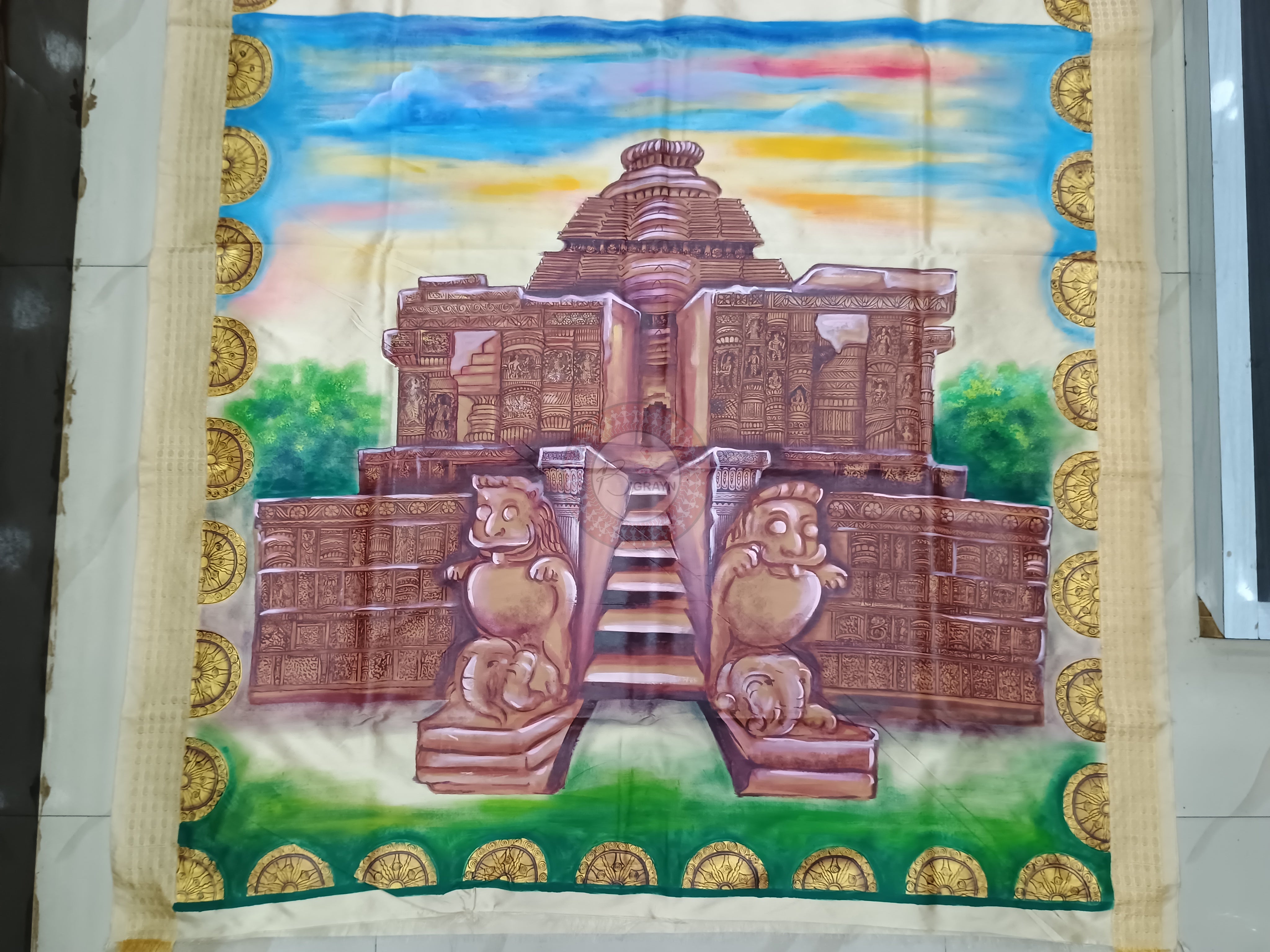 Cream Konark Theme Pattachitra Cotton Blended Silk Saree