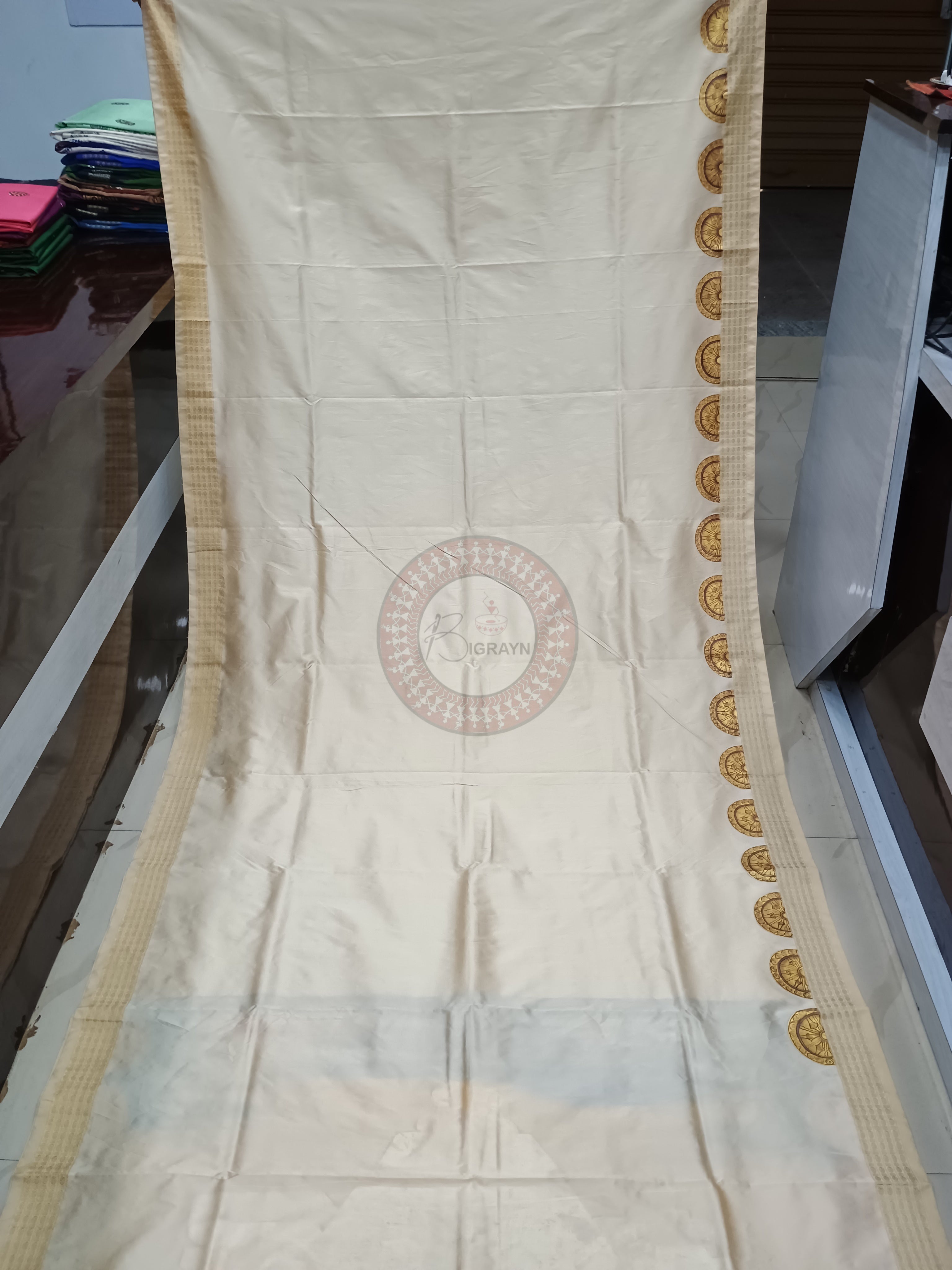 Cream Konark Theme Pattachitra Cotton Blended Silk Saree