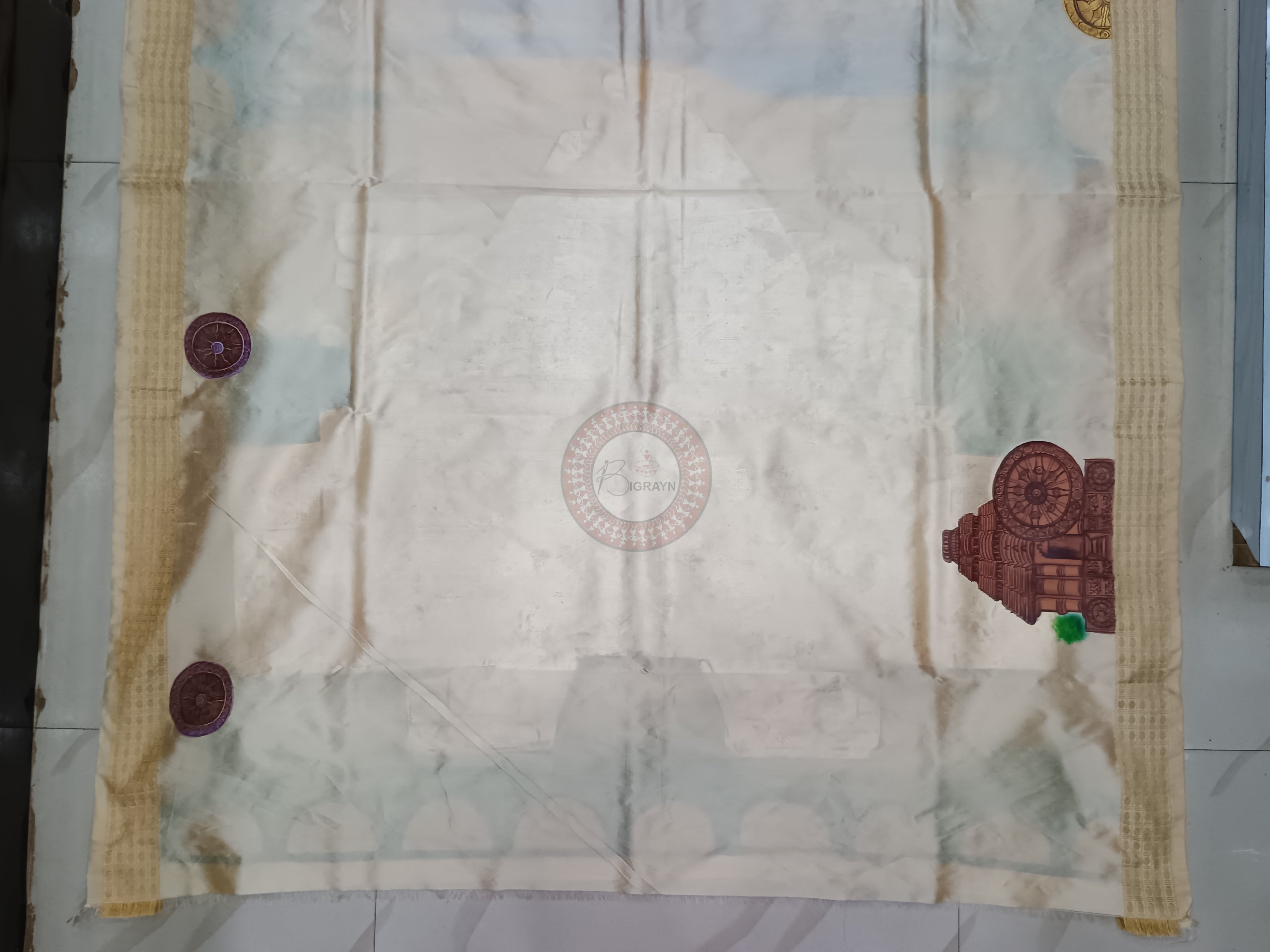 Cream Konark Theme Pattachitra Cotton Blended Silk Saree