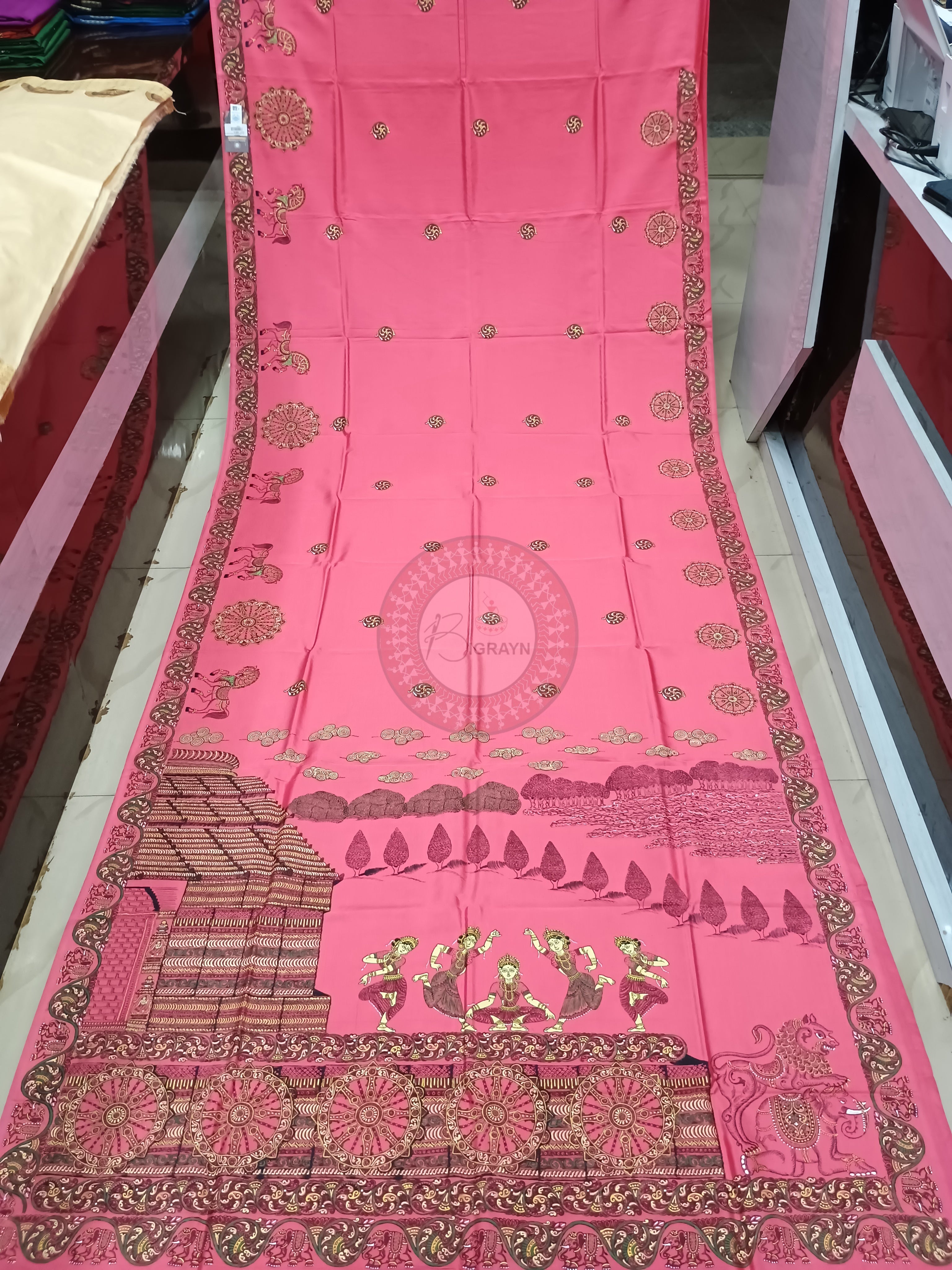 Pink Konark Wheel Theme Pattachitra Khadi Silk Saree