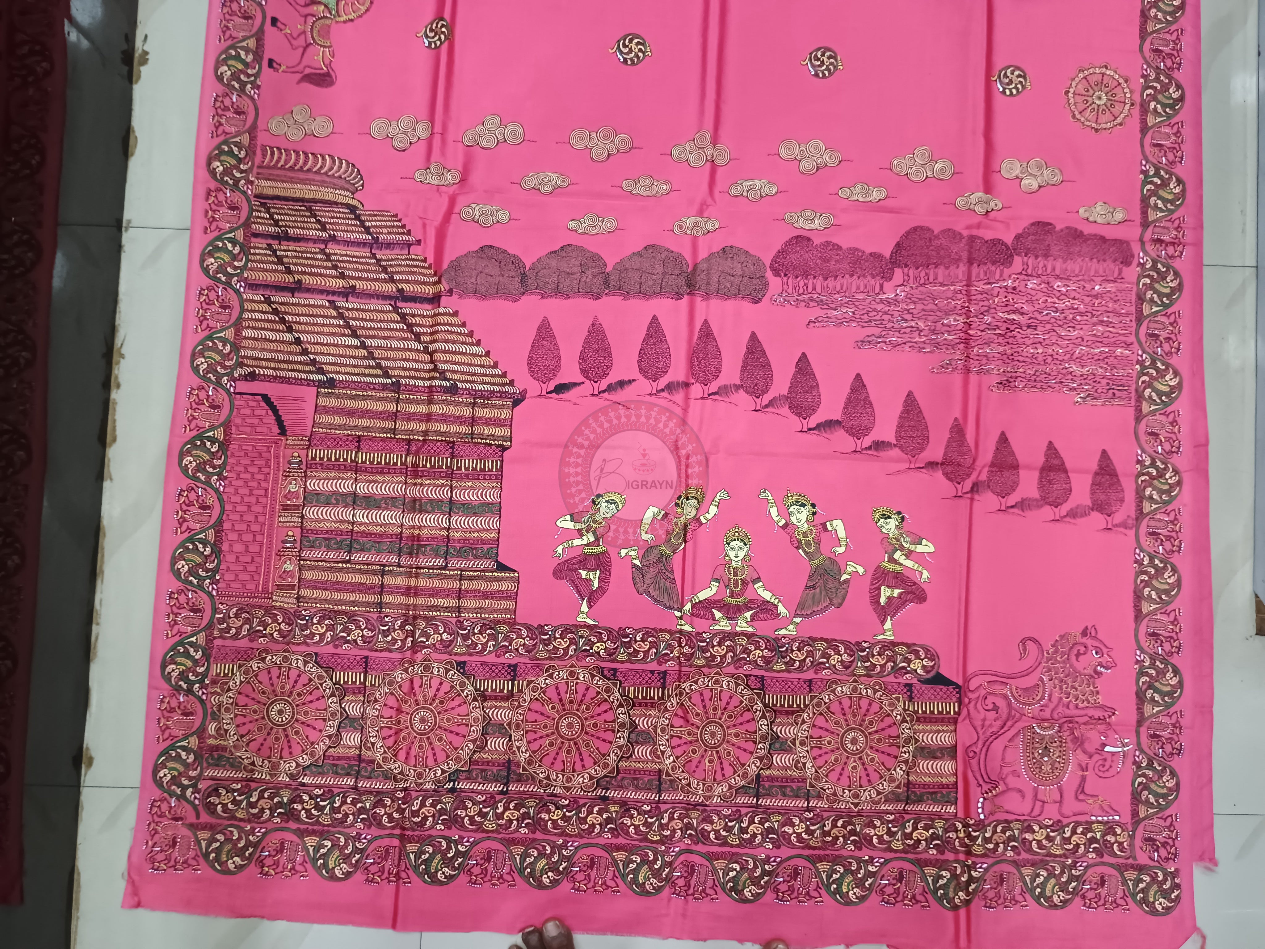 Pink Konark Wheel Theme Pattachitra Khadi Silk Saree