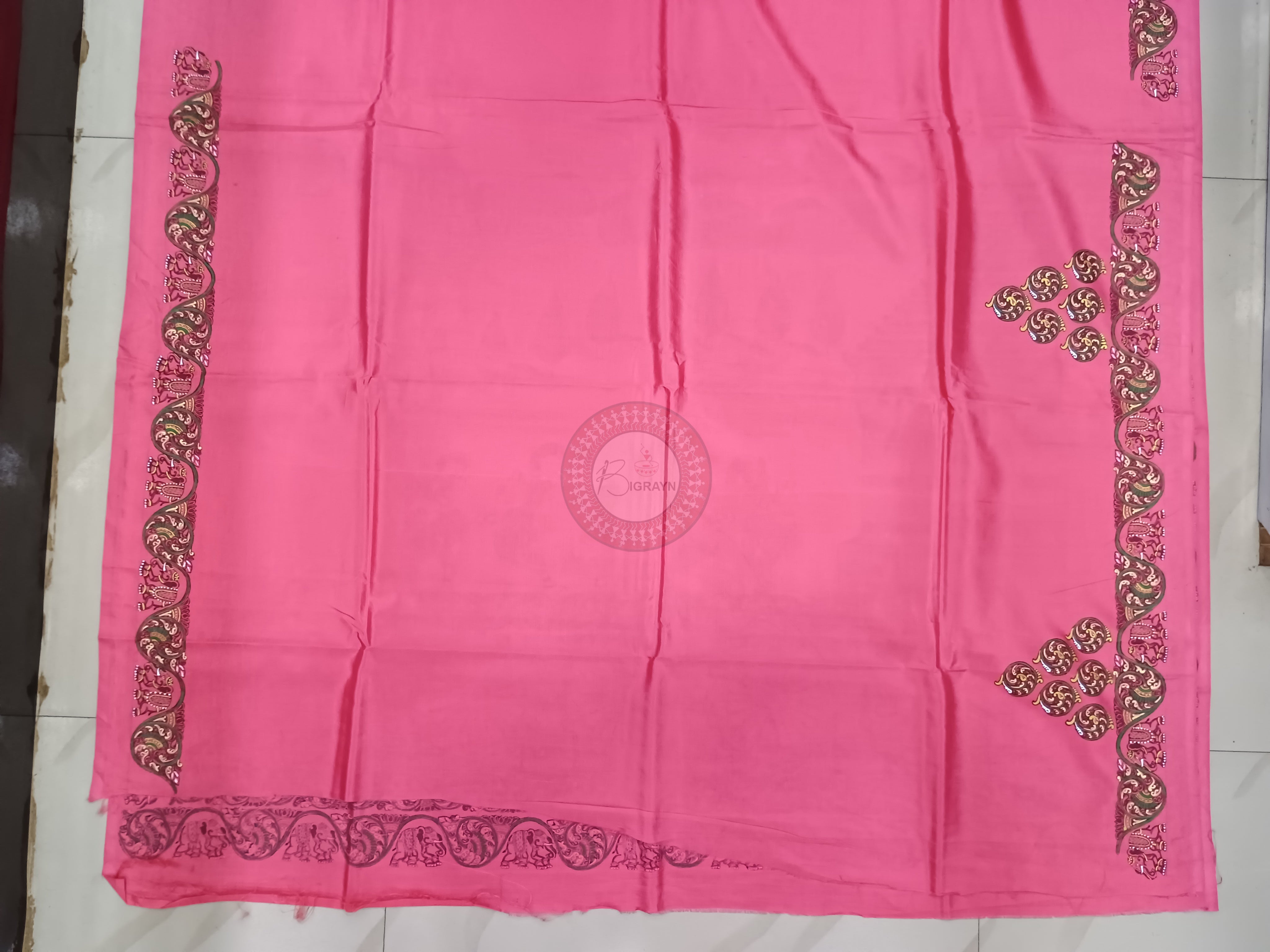 Pink Konark Wheel Theme Pattachitra Khadi Silk Saree