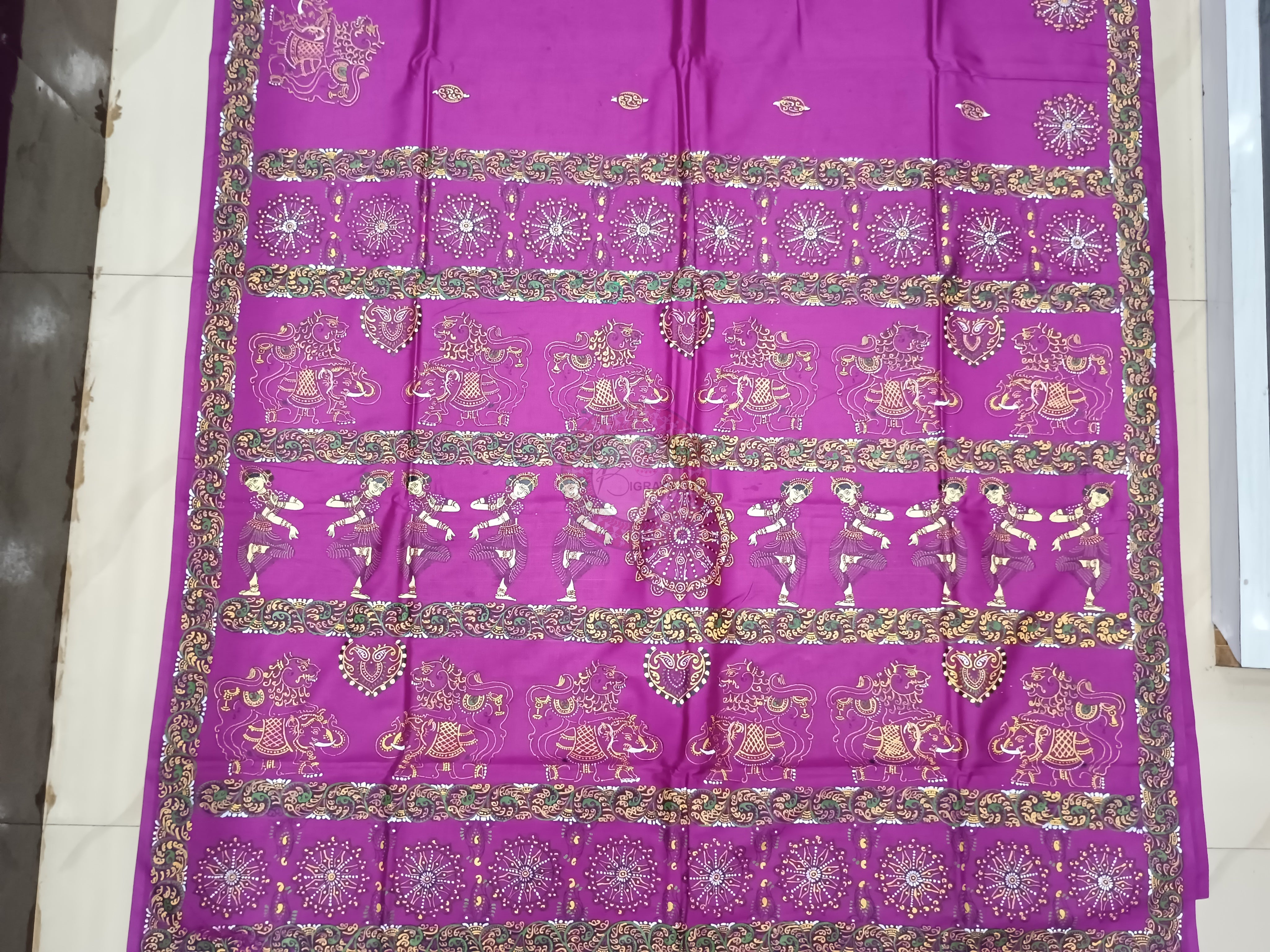 Purple Konark Wheel Theme Pattachitra Khadi Silk Saree