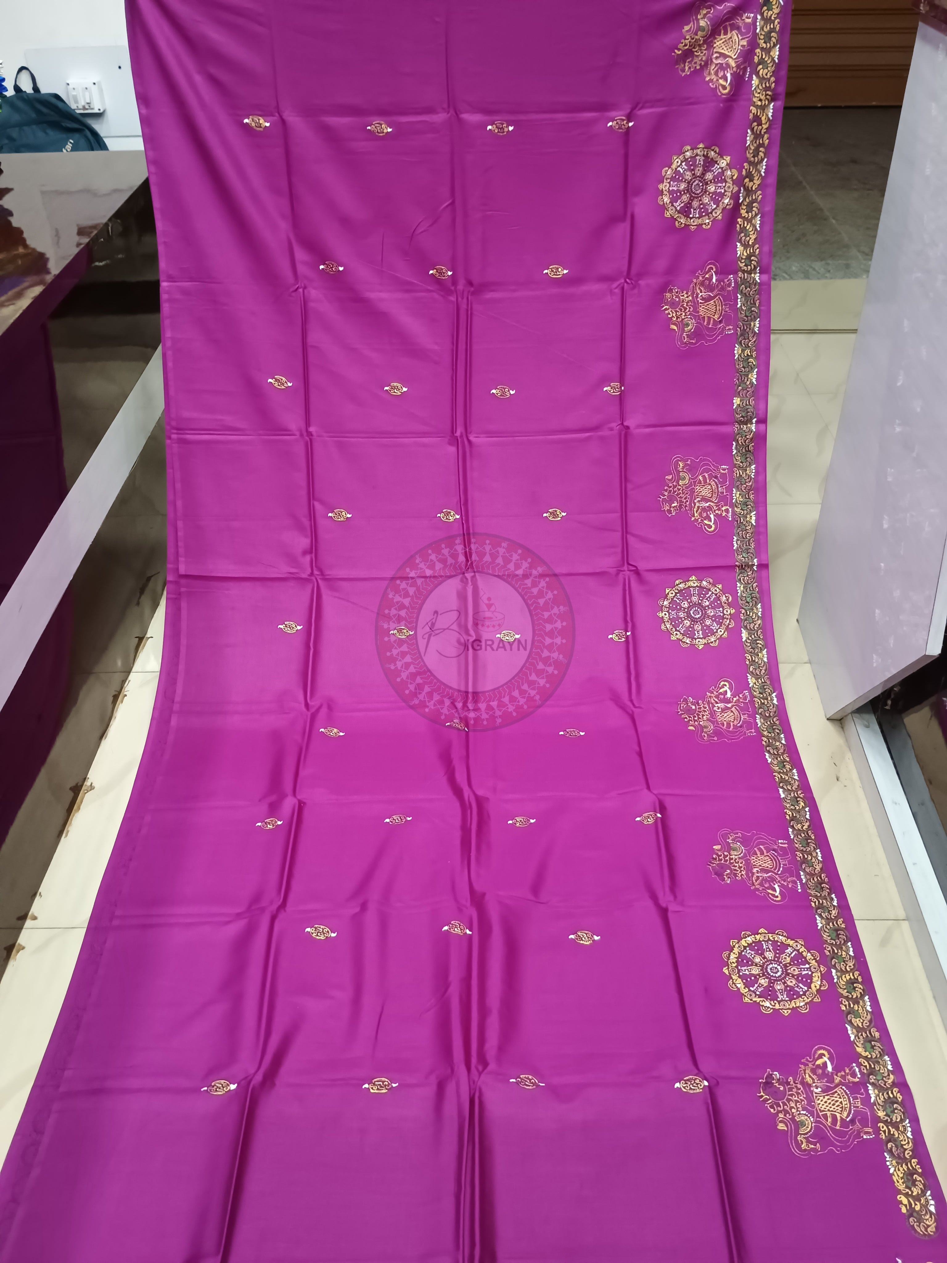 Purple Konark Wheel Theme Pattachitra Khadi Silk Saree