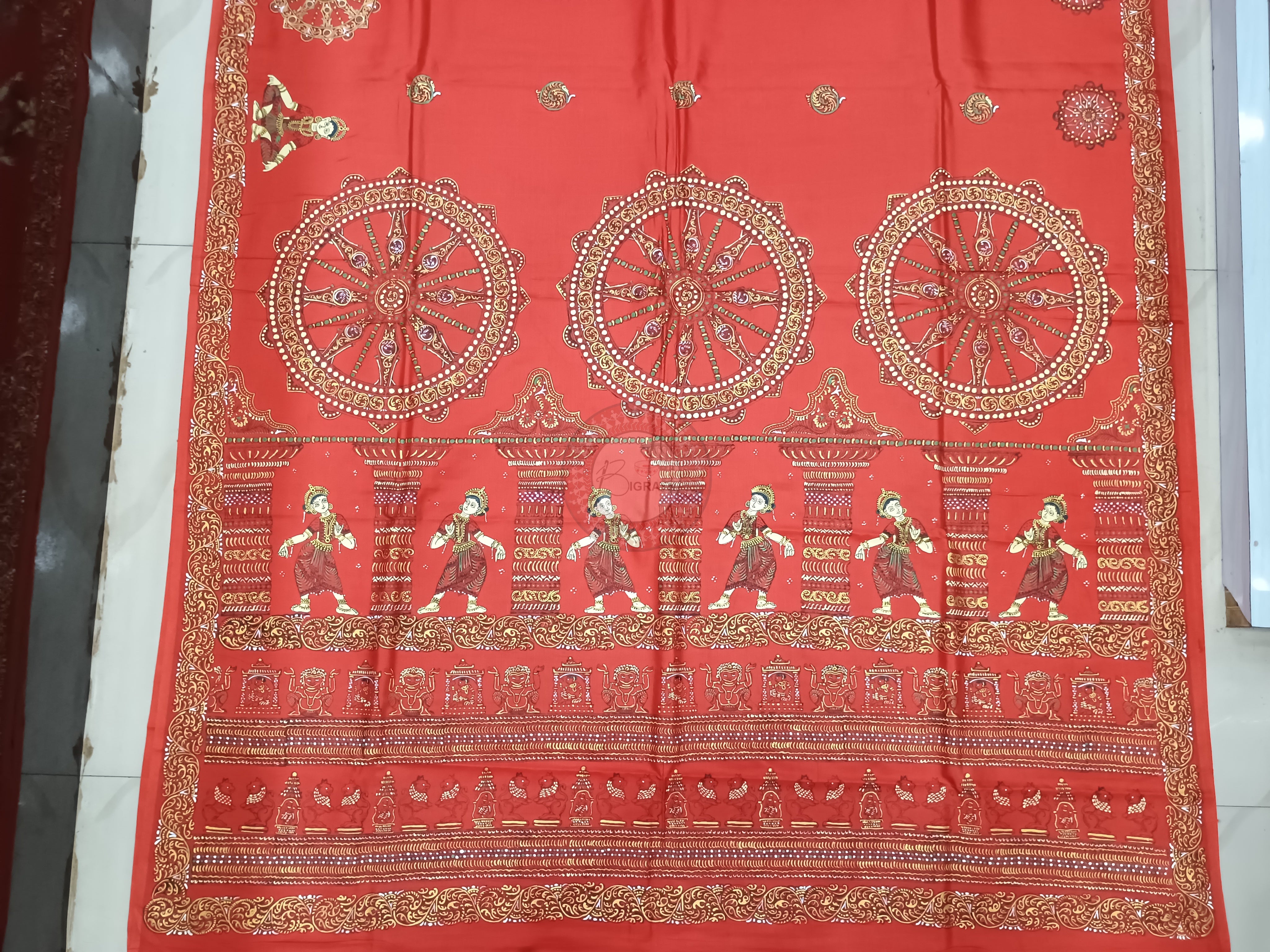 Red Konark Wheel Pattachitra Khadi Silk Saree