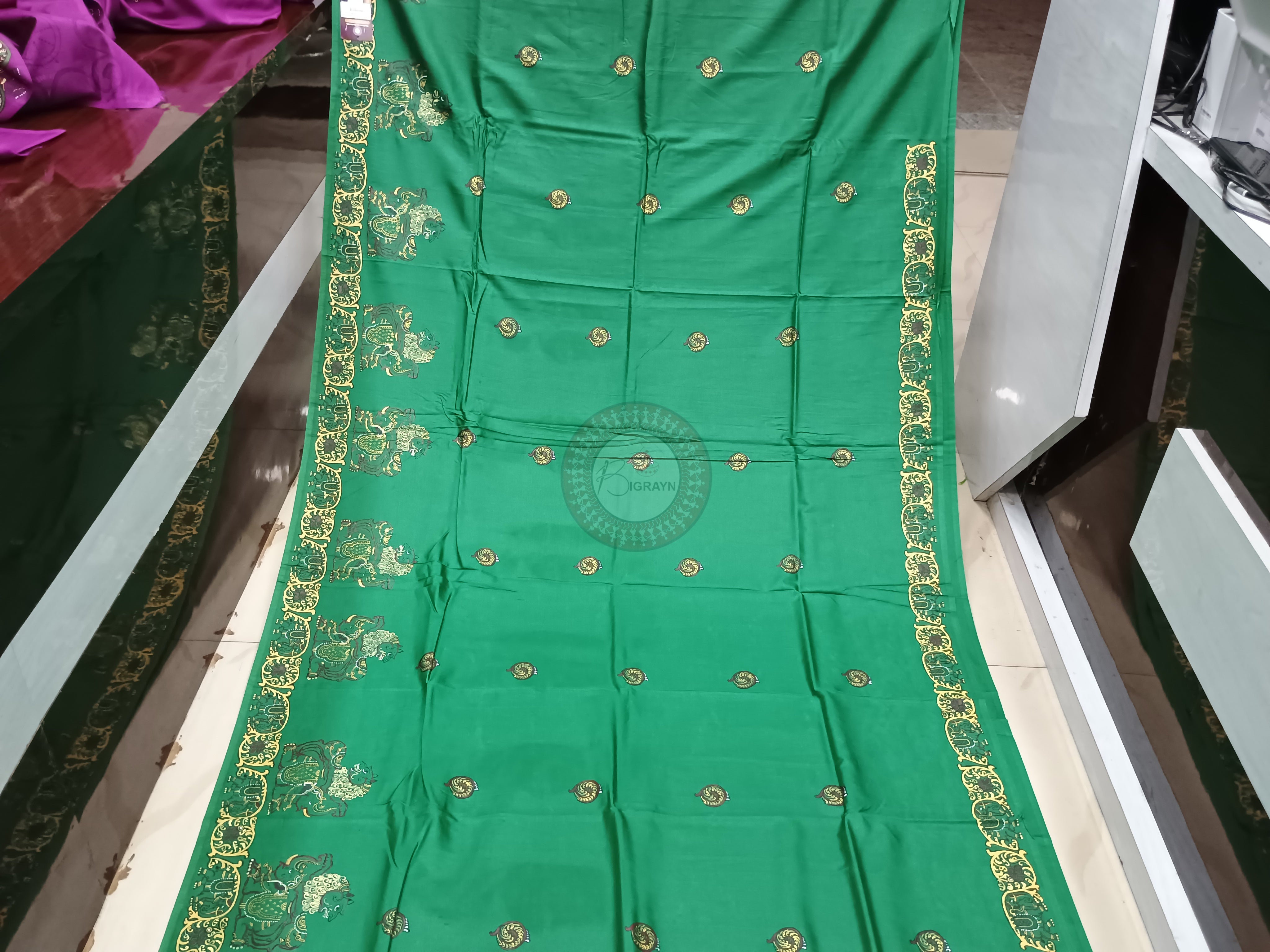 Green Konark Wheel Theme Pattachitra Khadi Silk Saree
