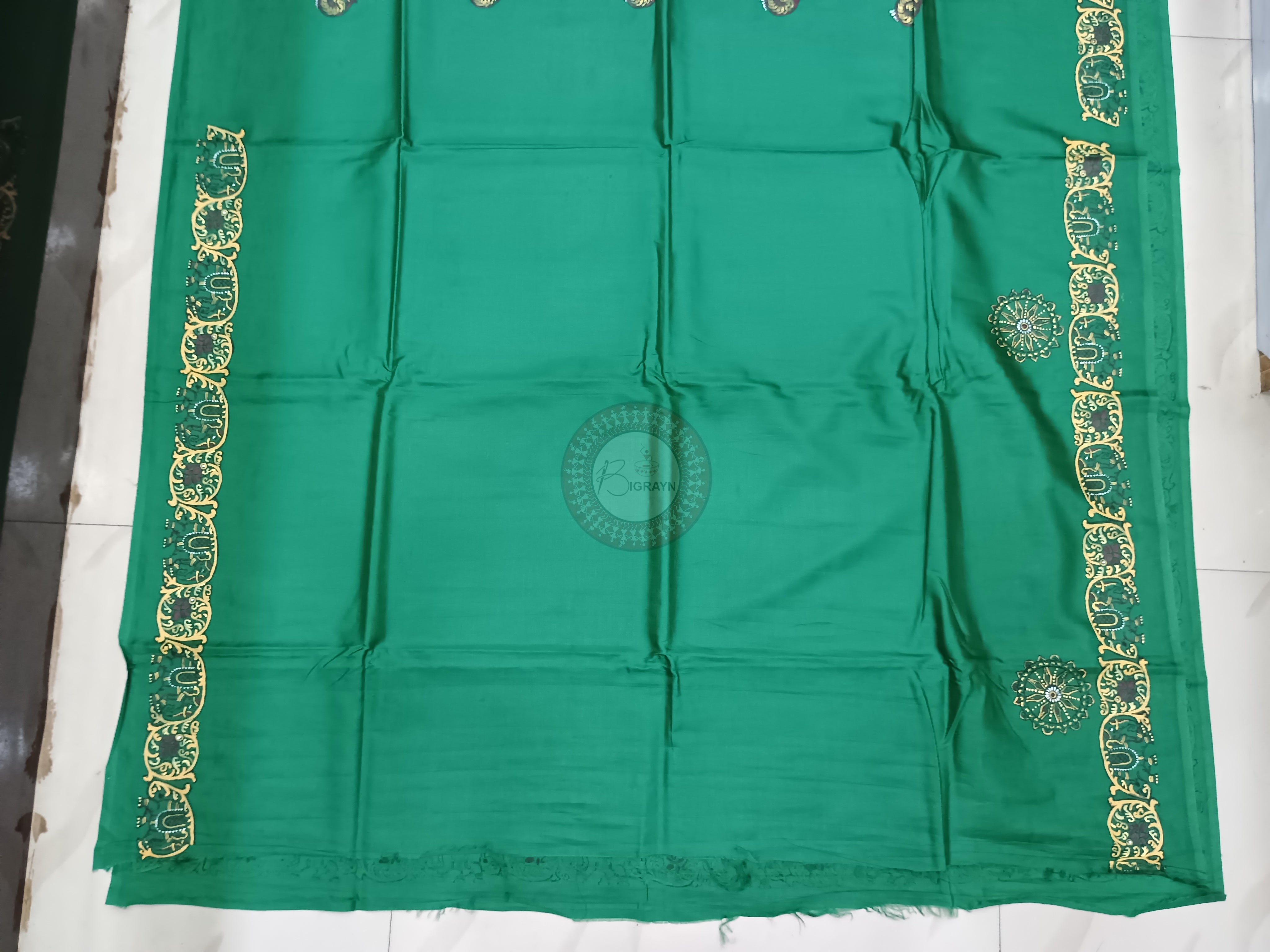 Green Konark Wheel Theme Pattachitra Khadi Silk Saree