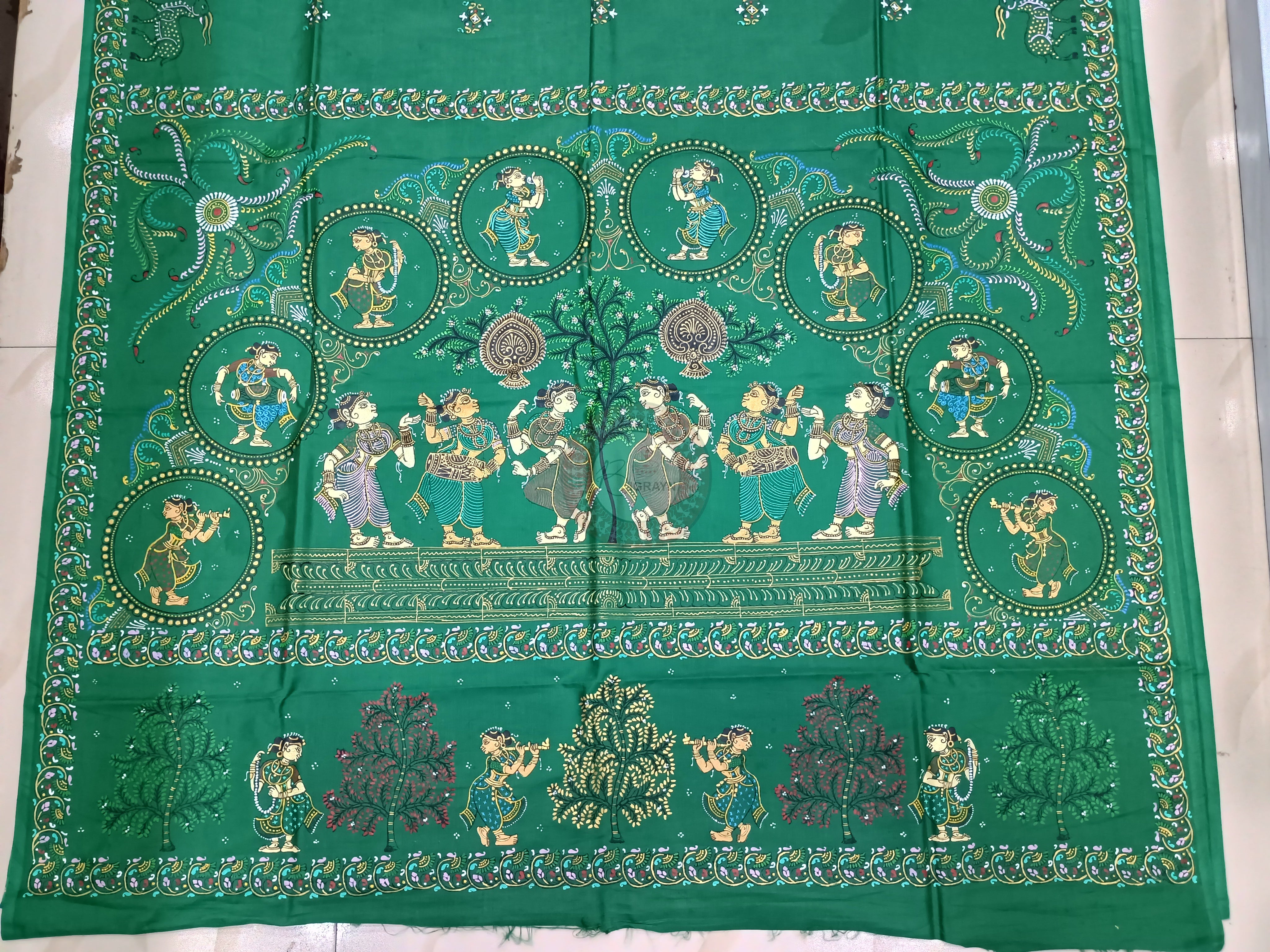 Green Sakhi Rasa Theme Pattachitra Khadi Silk Saree
