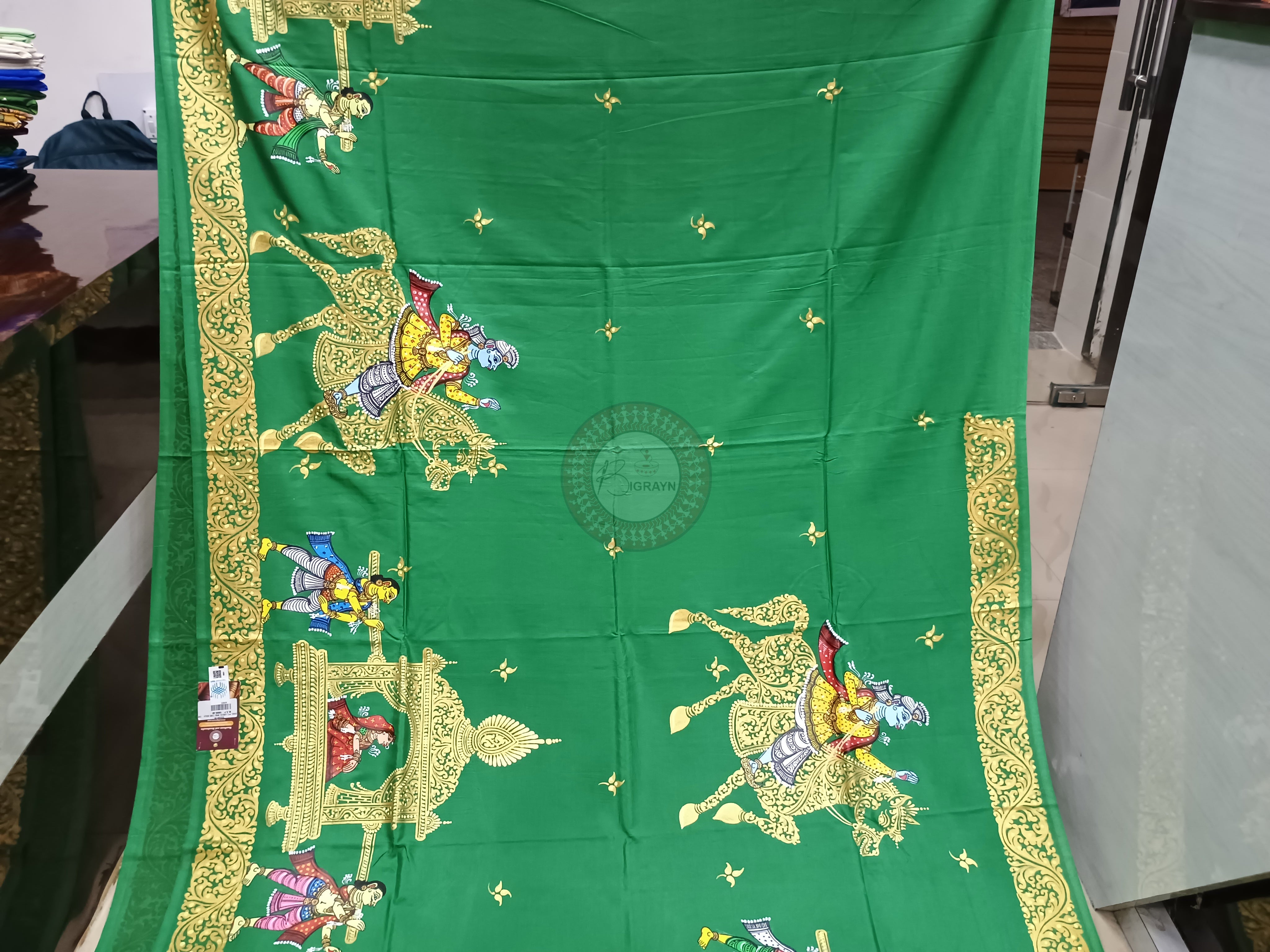 Green Marriage Theme Pattachitra Khadi Silk Saree
