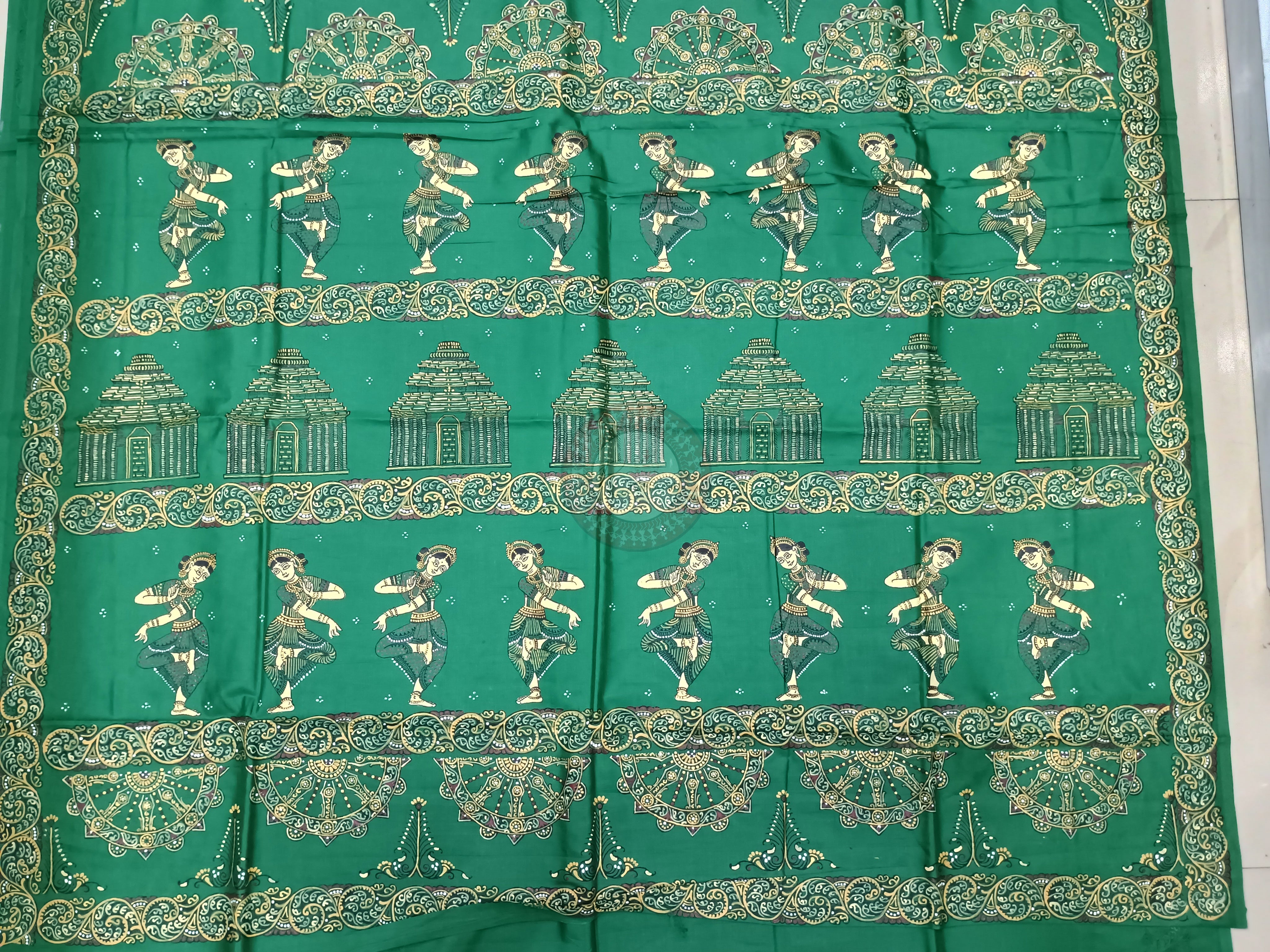Green Konark Wheel Dancer Theme Pattachitra Khadi Silk Saree