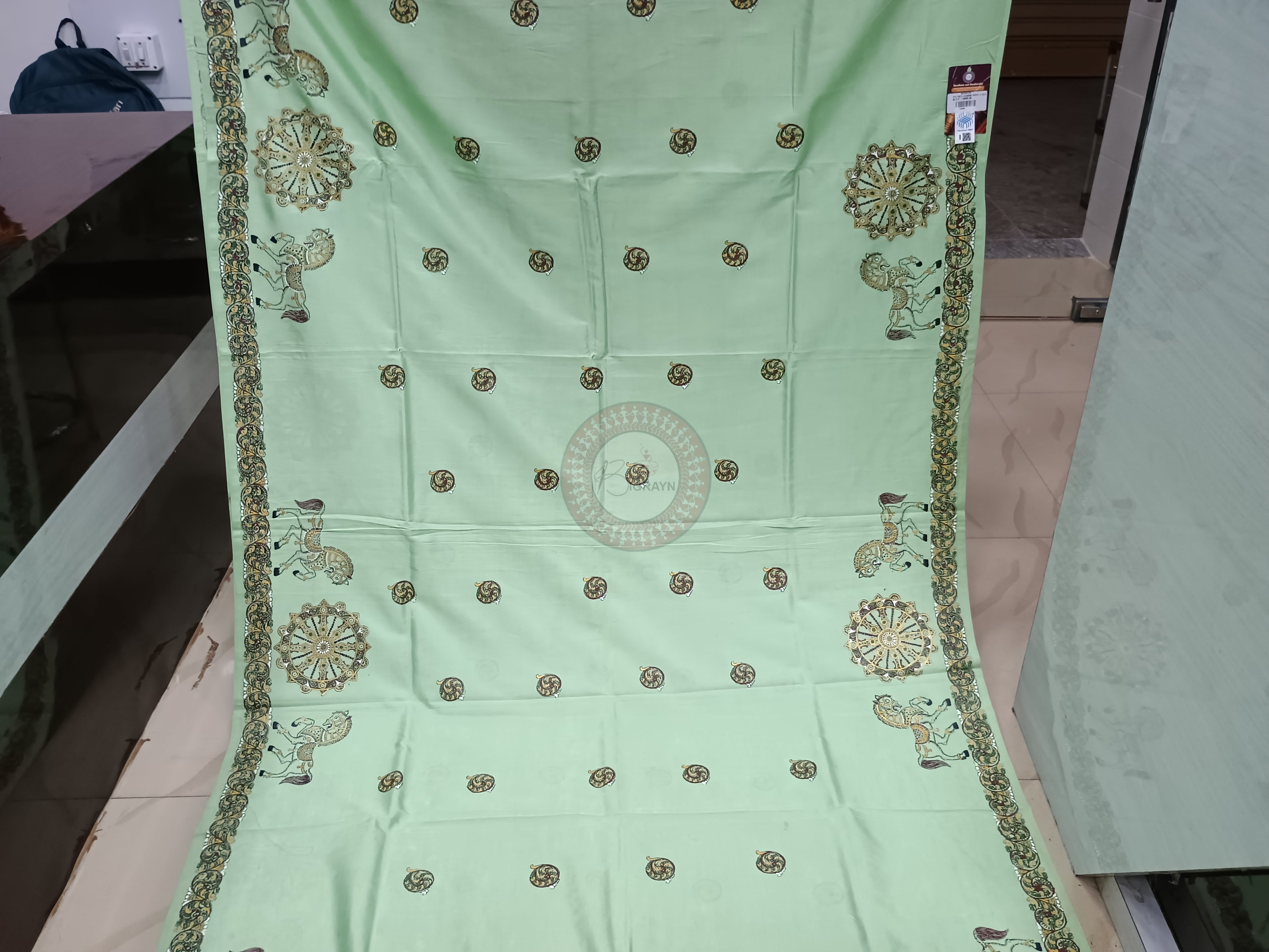 Pista Konark Wheel Theme Pattachitra Khadi Silk Saree