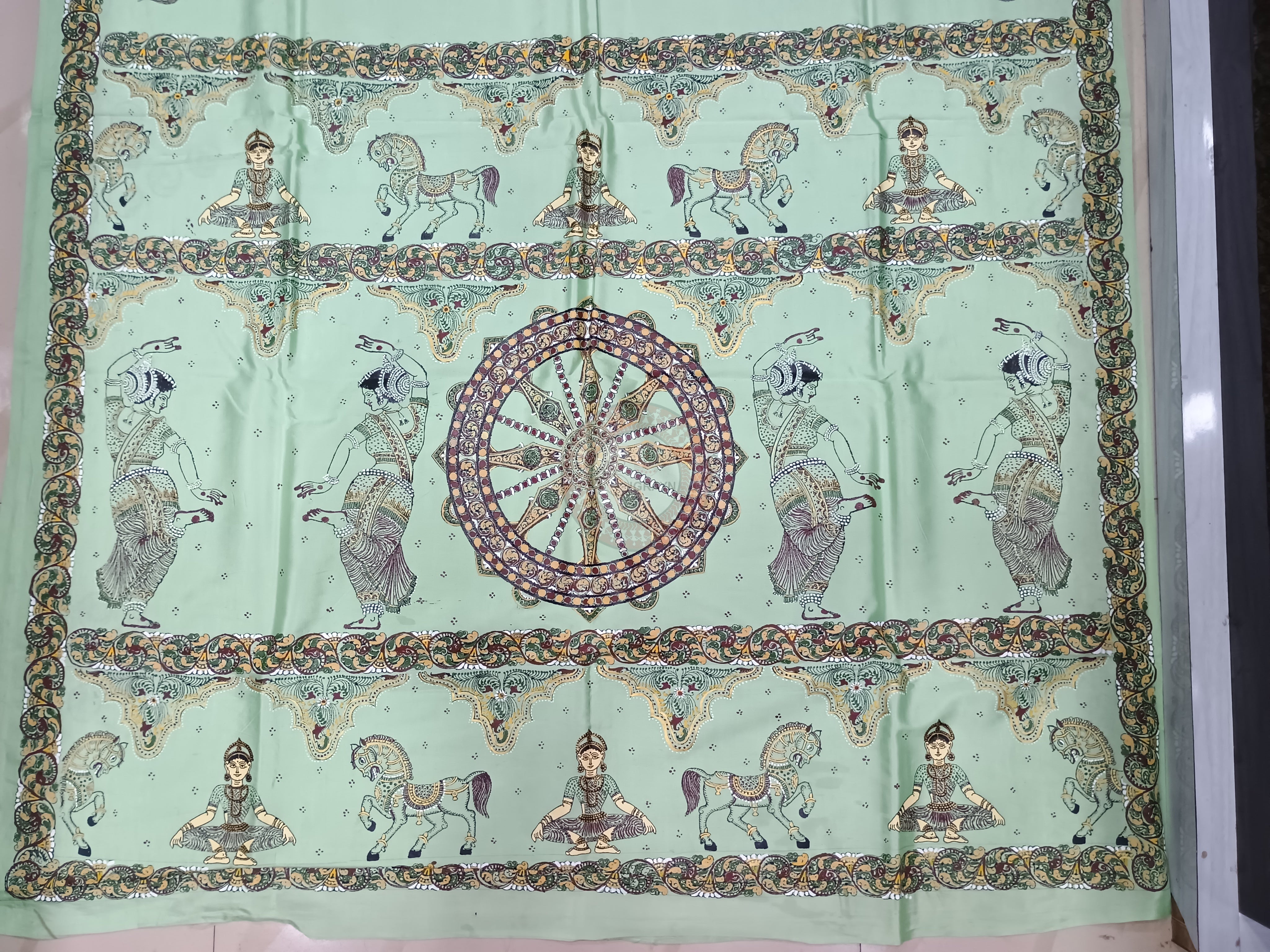Pista Konark Wheel Theme Pattachitra Khadi Silk Saree