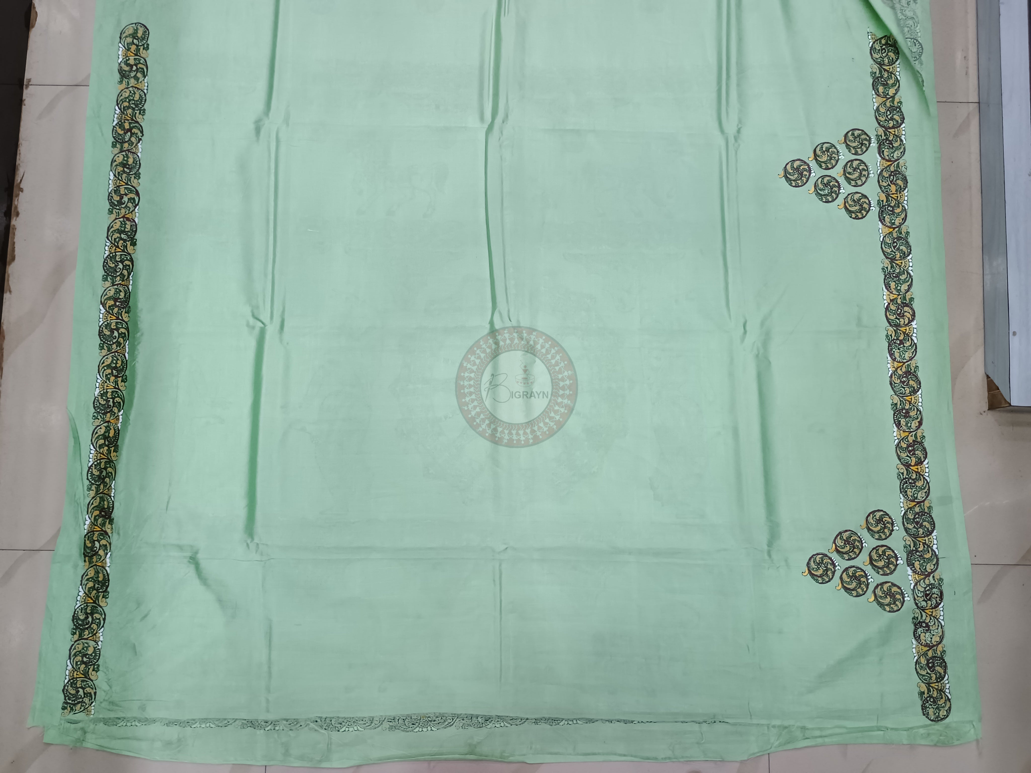 Pista Konark Wheel Theme Pattachitra Khadi Silk Saree