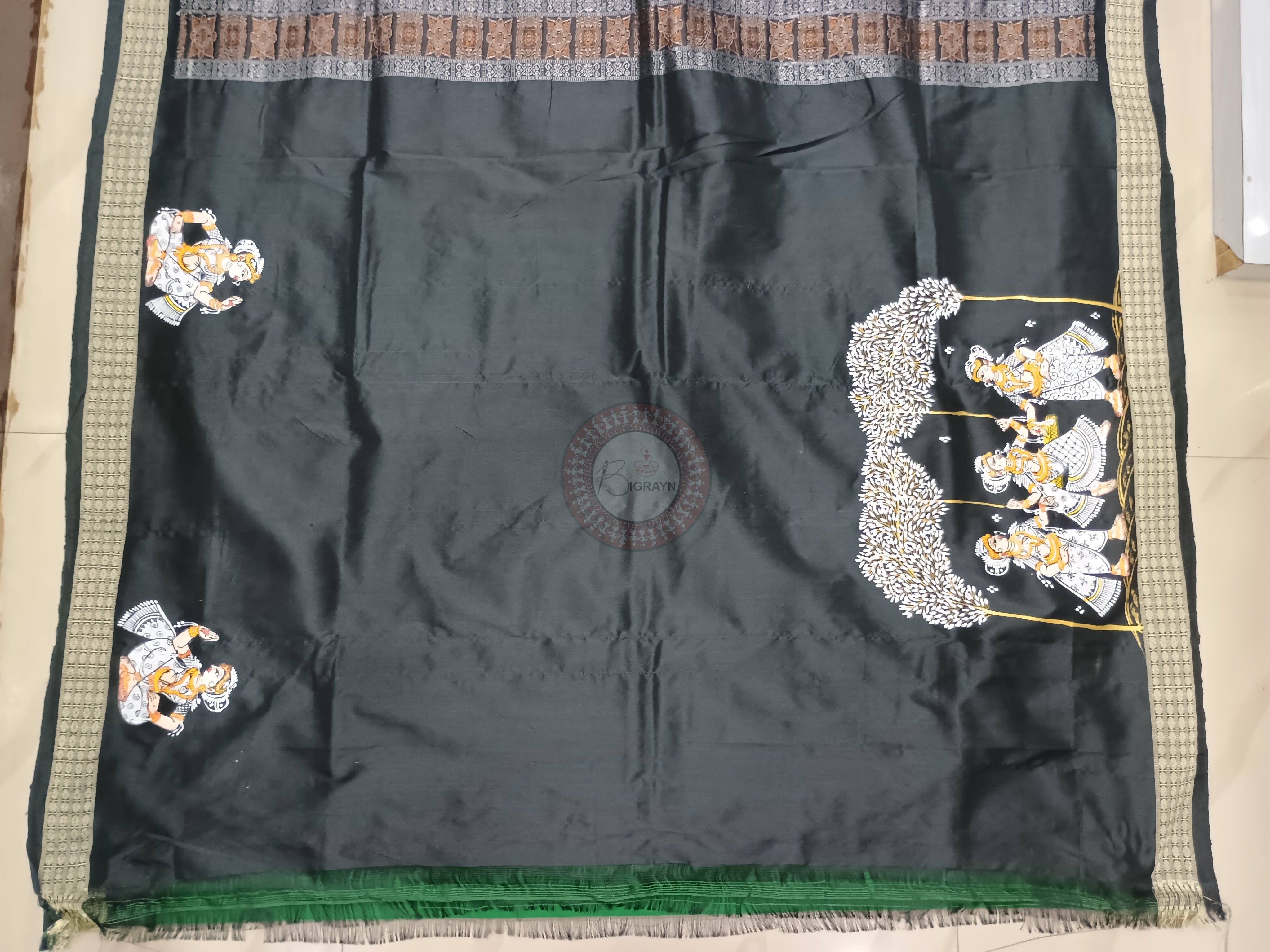 Green Black Raja Doli Theme Hand Painted Pattachitra Bomkai Silk Saree