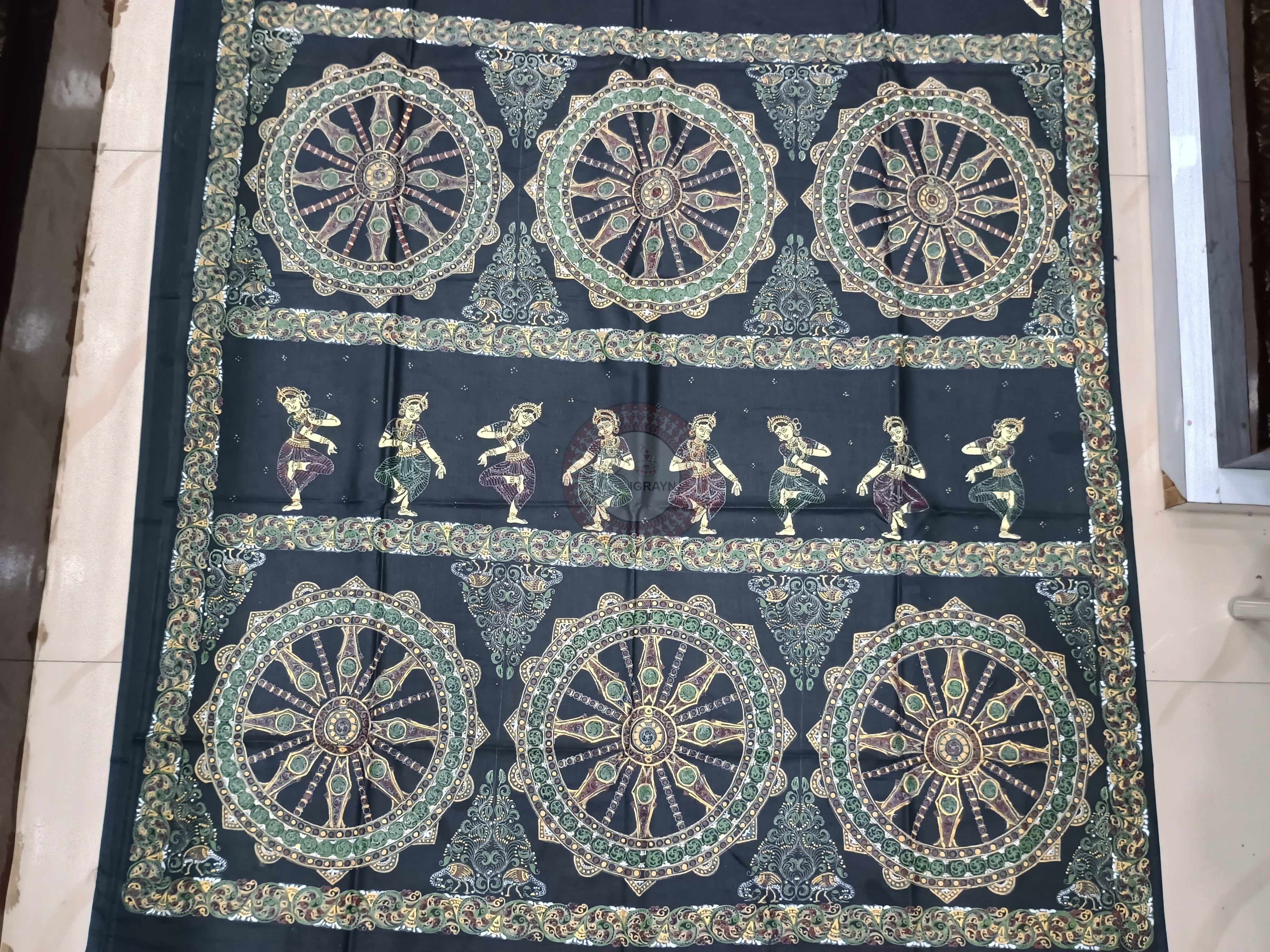 Black Konark Chakra And Dancer Theme Hand Painted Pattachitra Khadi Silk Saree