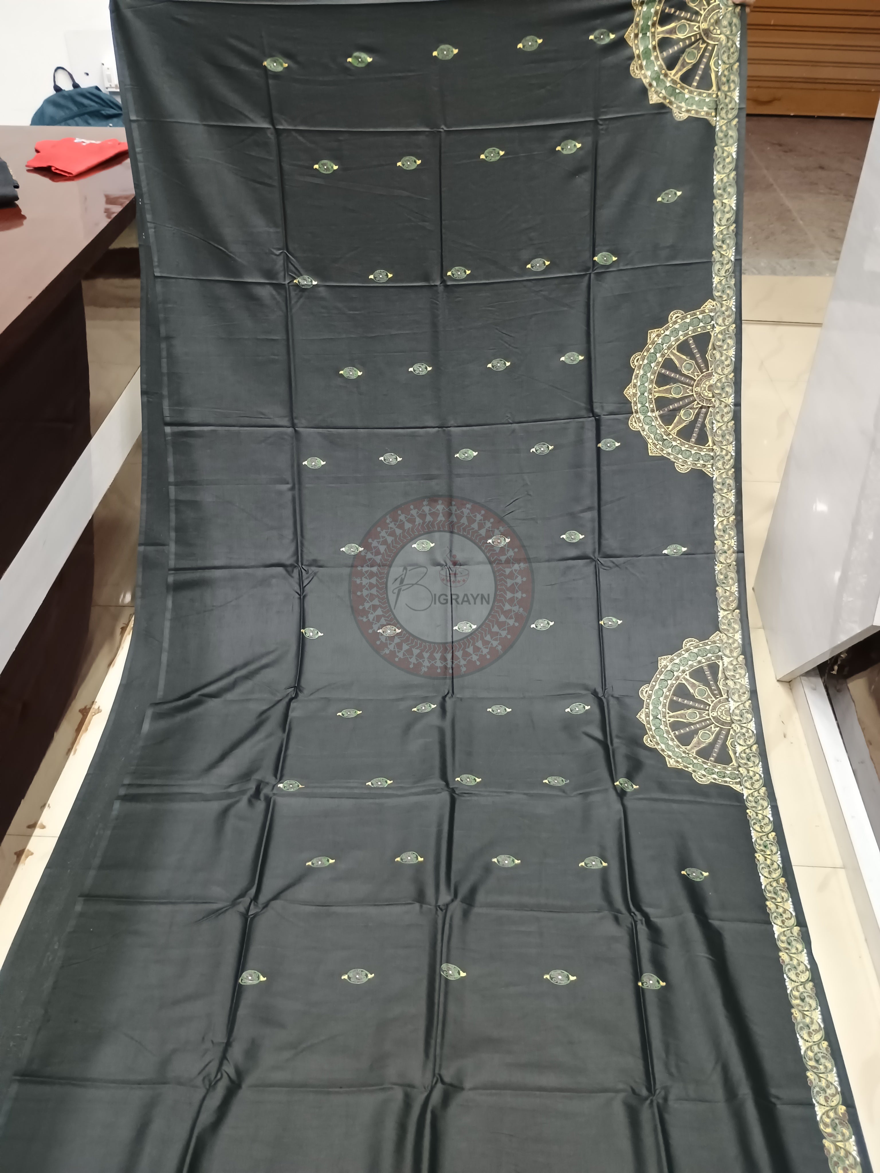 Black Konark Chakra And Dancer Theme Hand Painted Pattachitra Khadi Silk Saree
