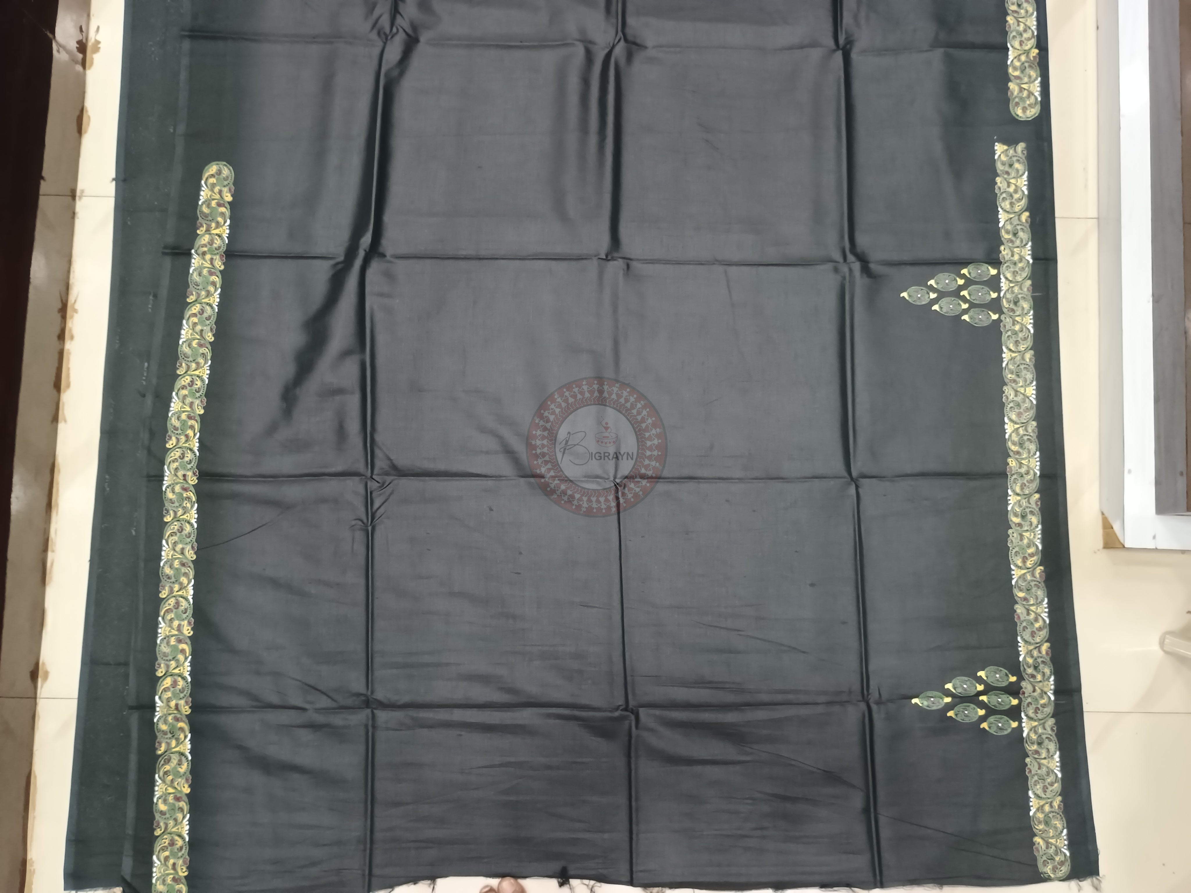 Black Konark Chakra And Dancer Theme Hand Painted Pattachitra Khadi Silk Saree