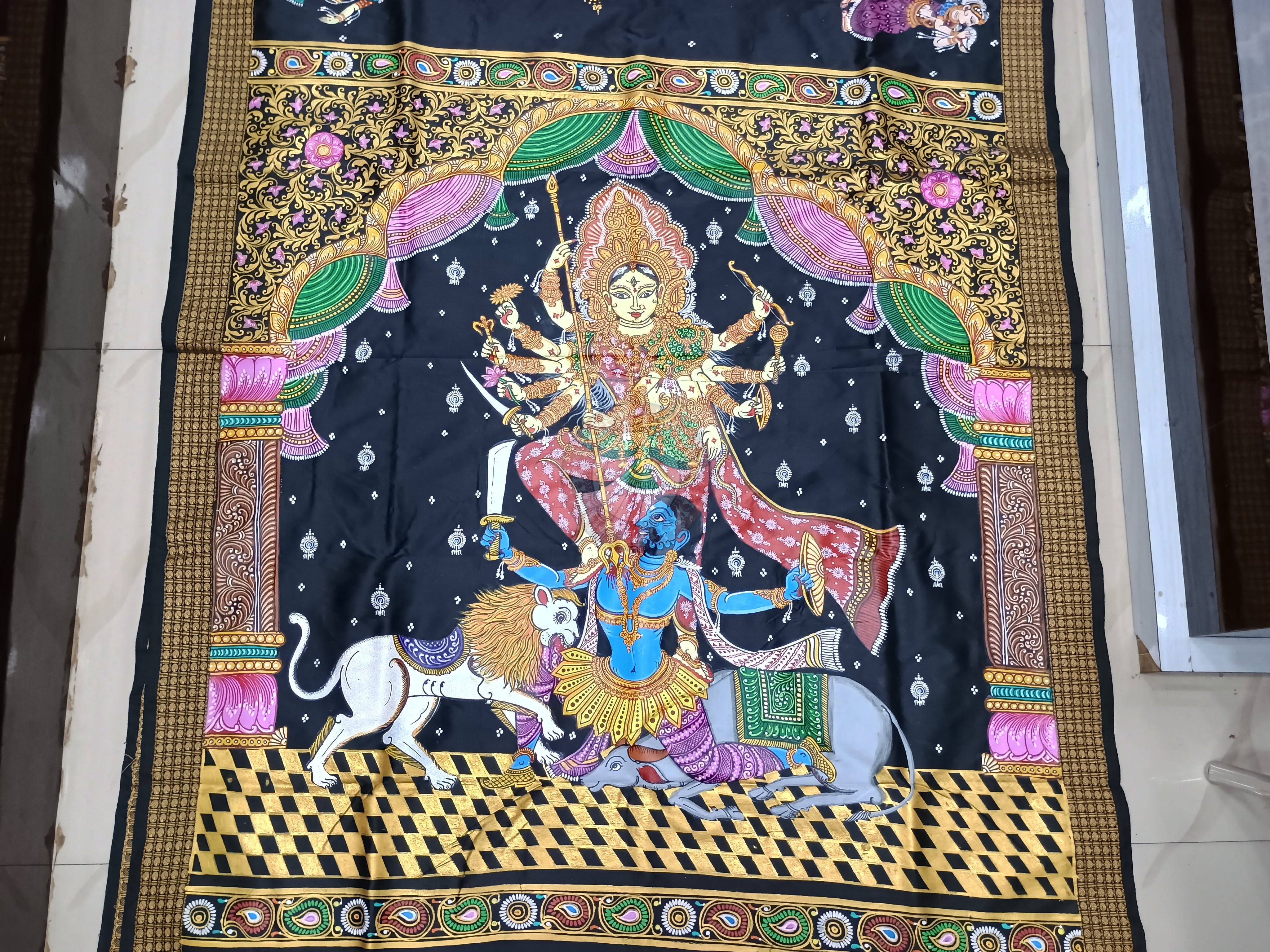 Black Maa Durga Theme Hand Painted Pattachitra Cotton blended Silk Saree