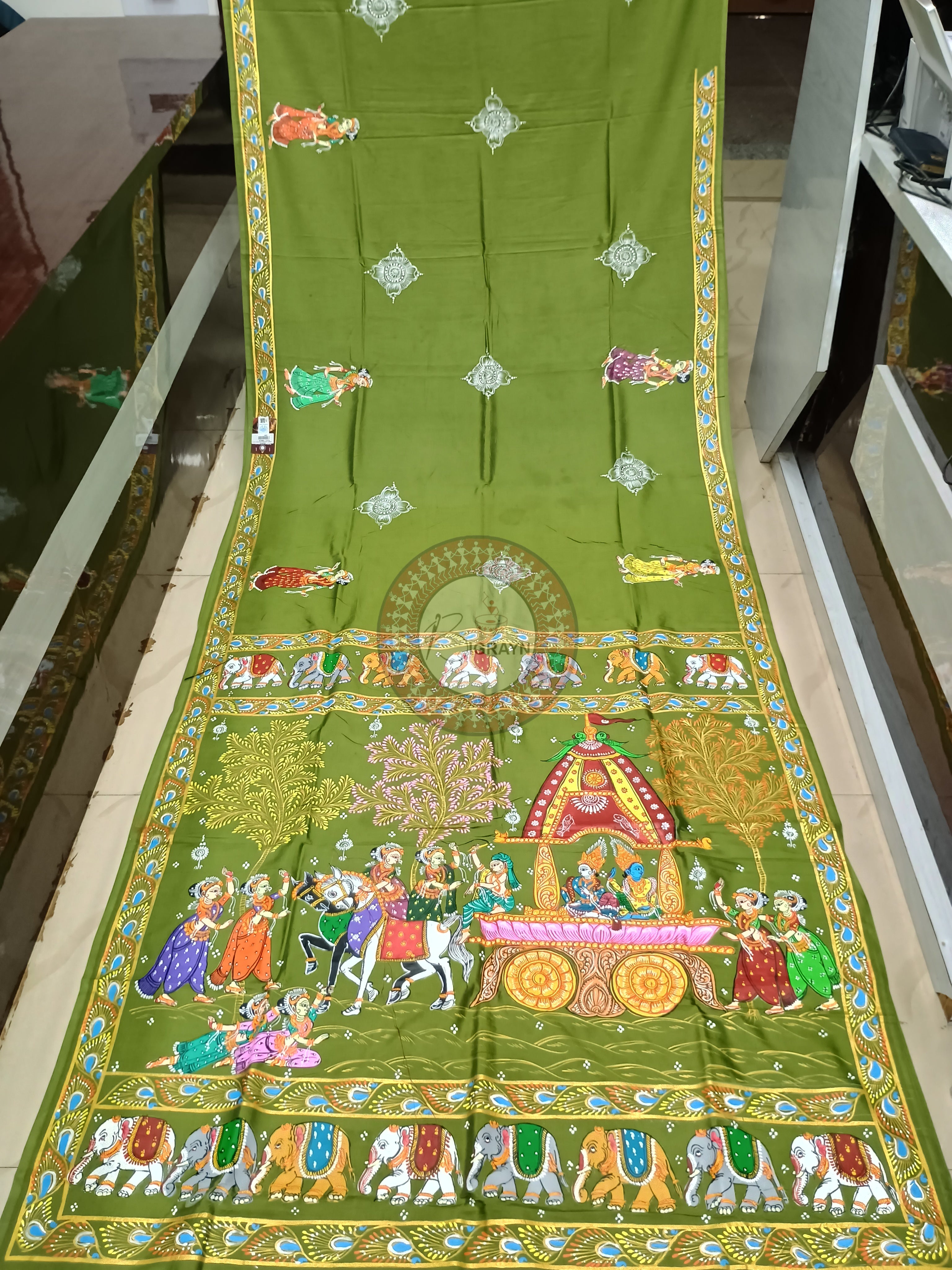 Mehendi Green Mathura Vijay Theme Pattachitra Khadi Silk Saree