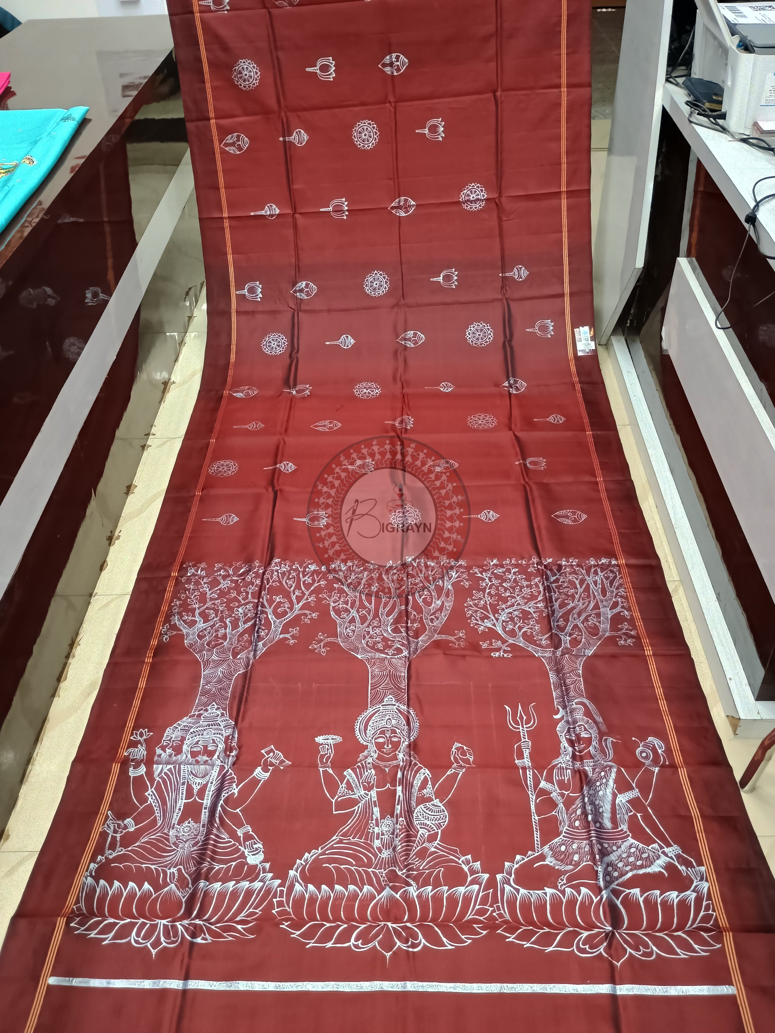 Maroon Tri Murti Hand Painted Pattachitra Kanjeeveram Silk Saree