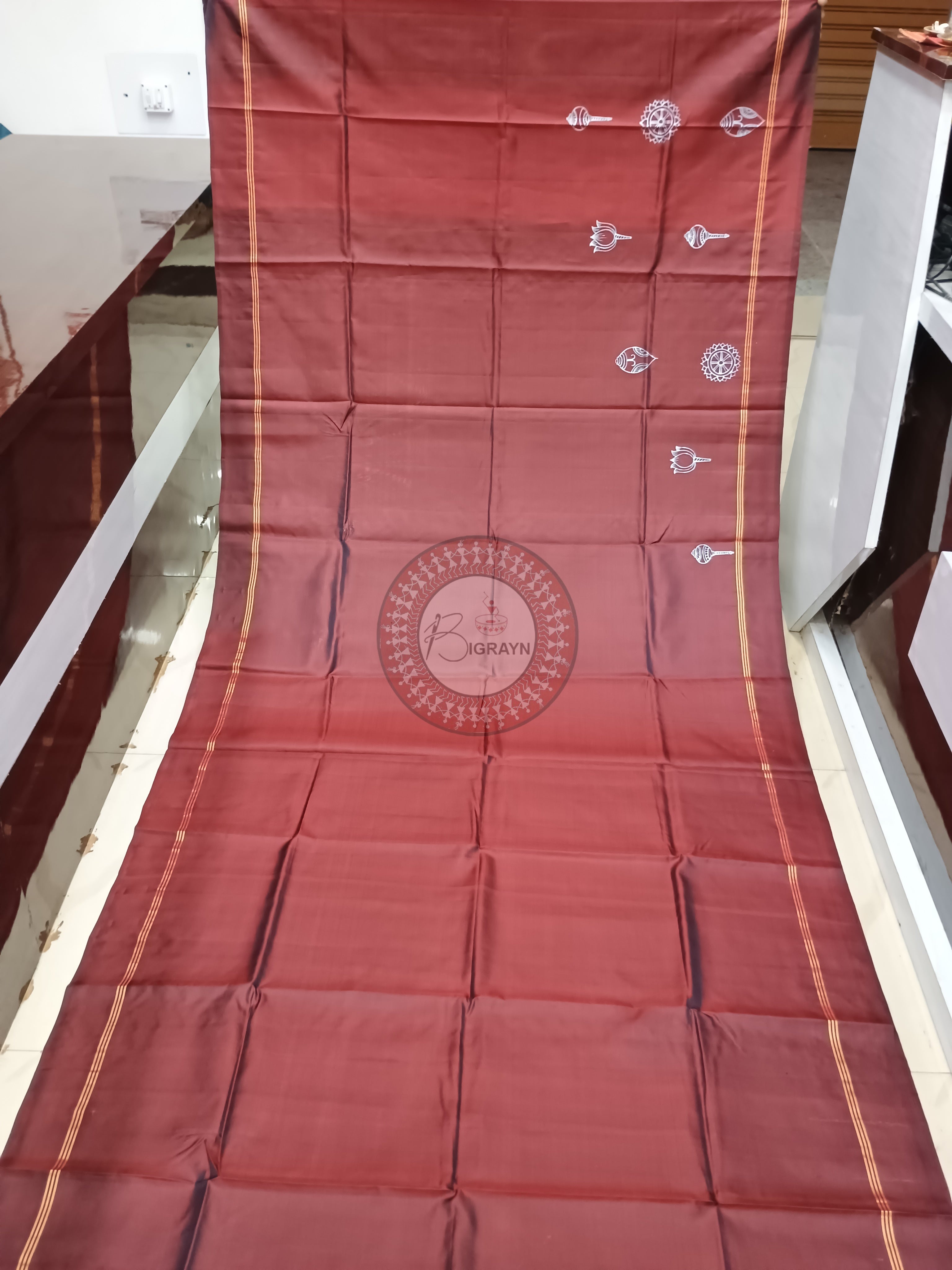 Maroon Tri Murti Hand Painted Pattachitra Kanjeeveram Silk Saree
