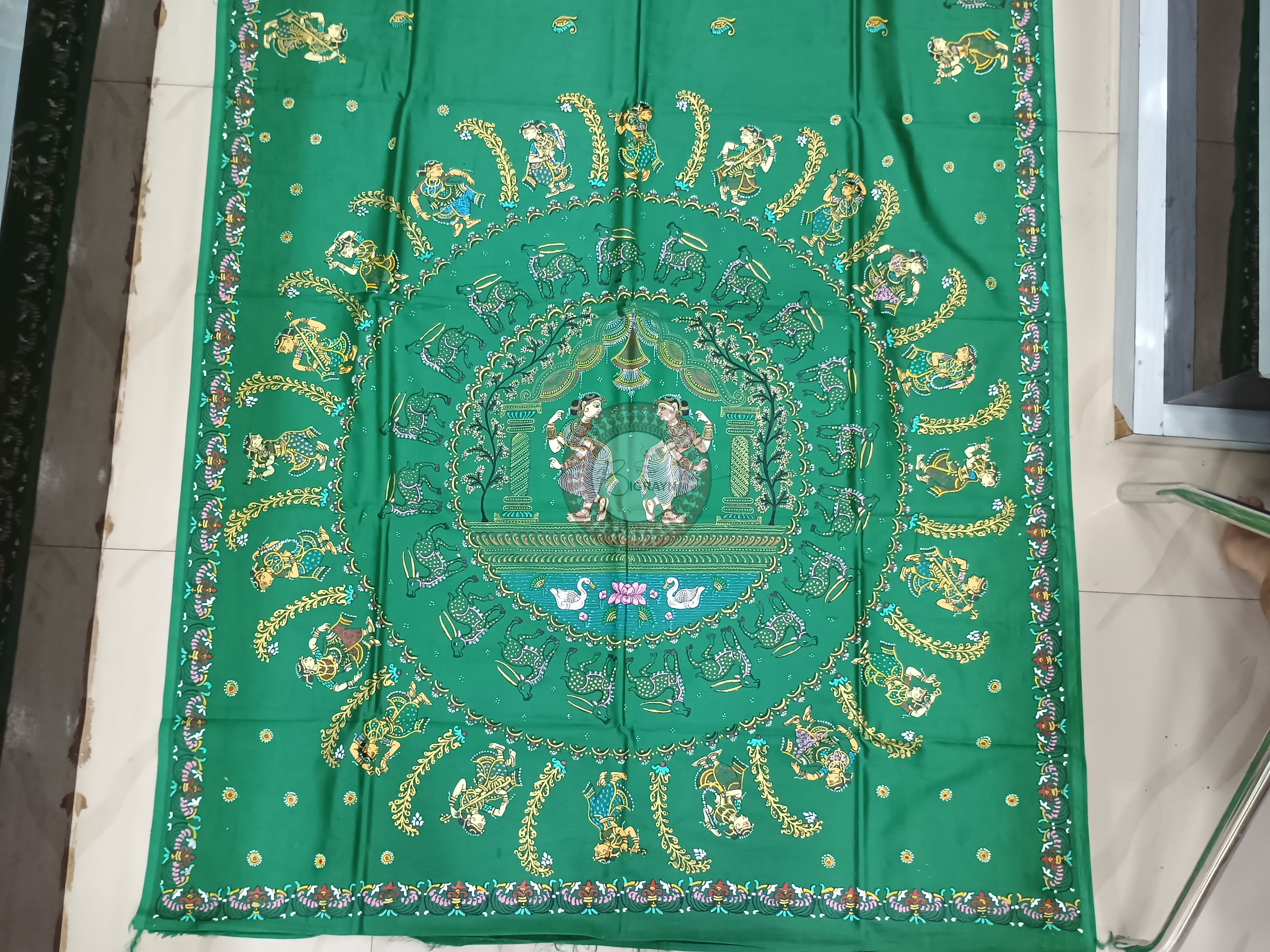 Green Round Rasa Theme Pattachitra Khadi Silk Saree