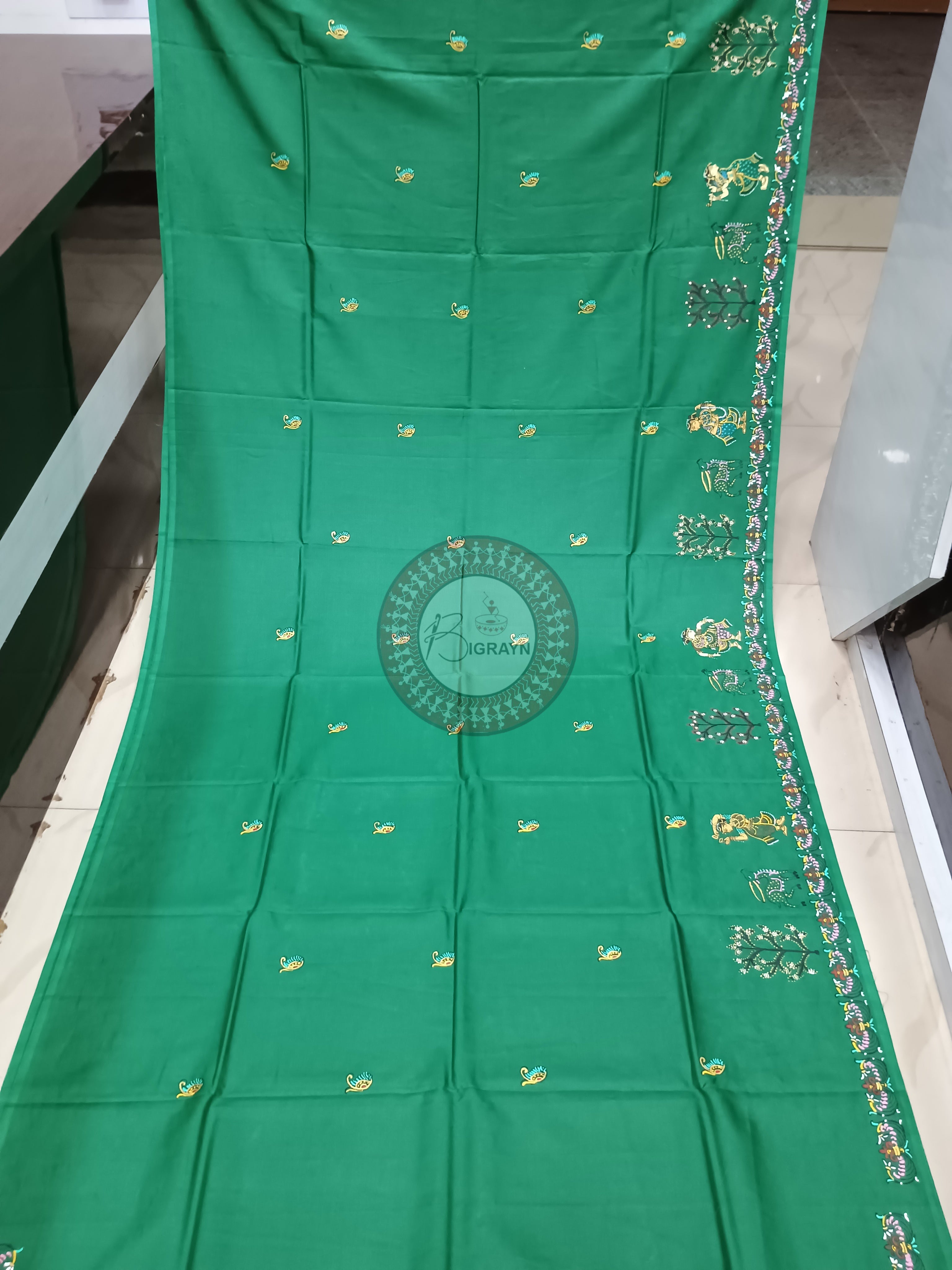 Green Round Rasa Theme Pattachitra Khadi Silk Saree