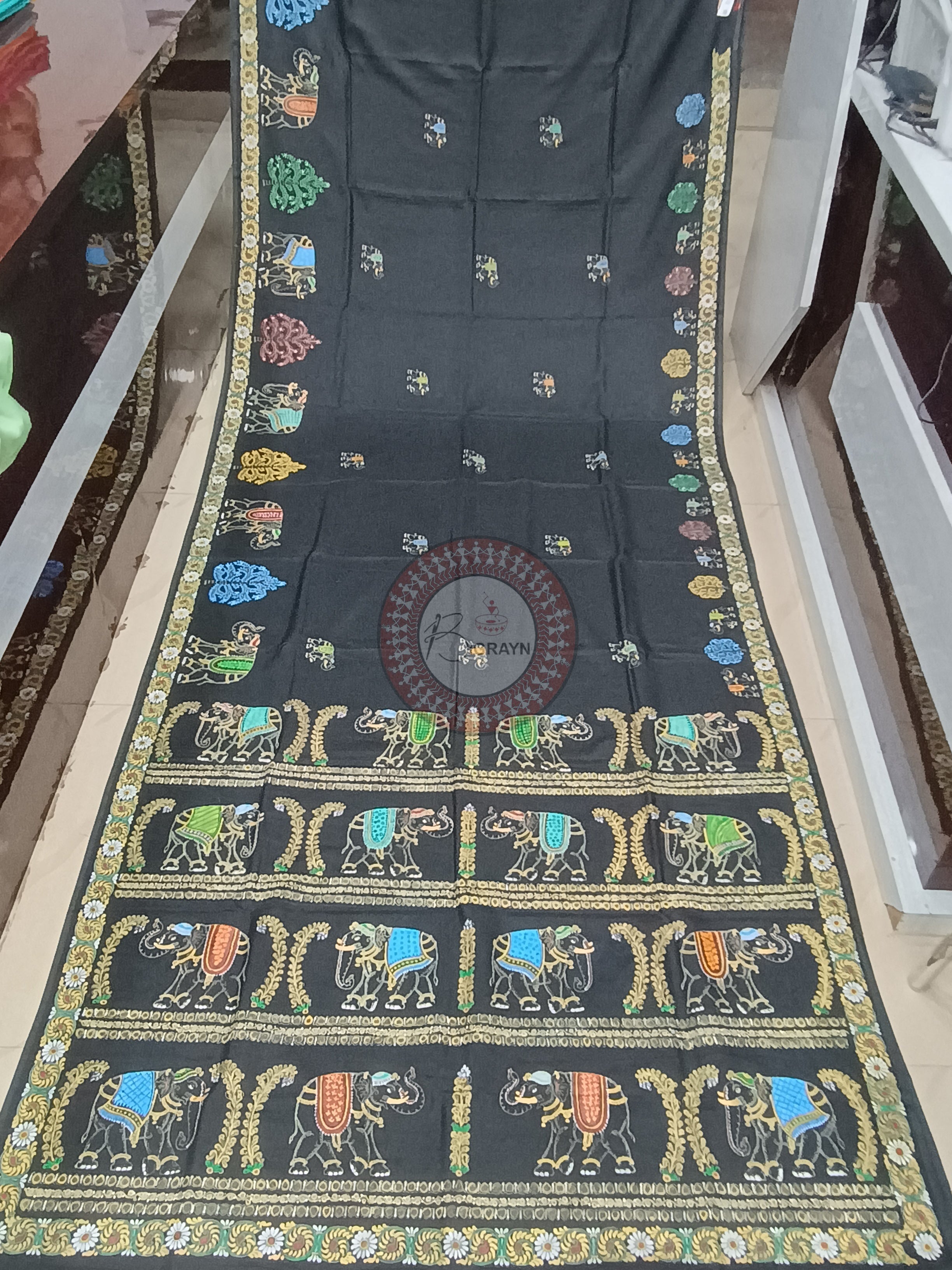 Black Elephant Theme Pattachitra Khadi Silk Saree