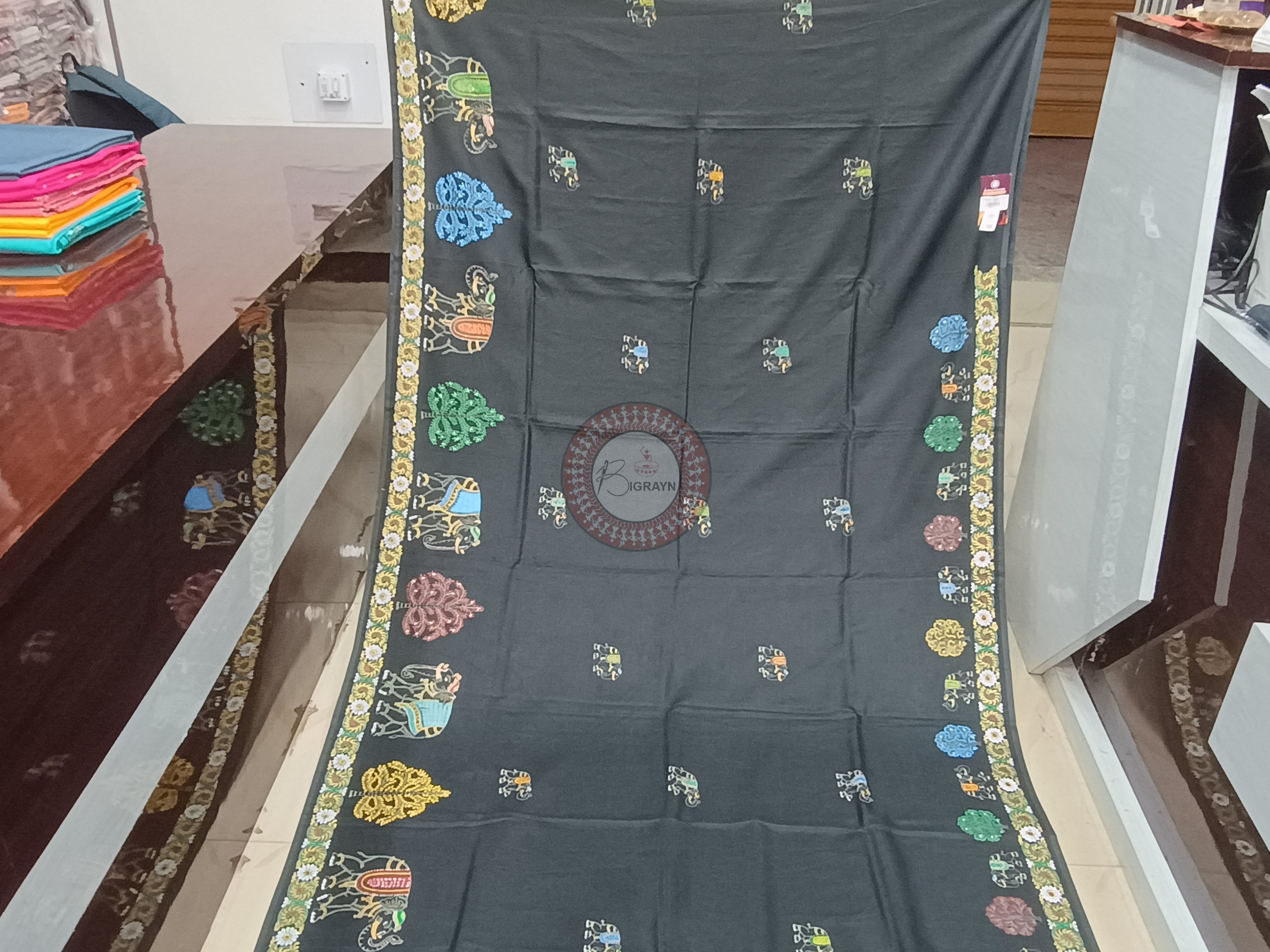 Black Elephant Theme Pattachitra Khadi Silk Saree