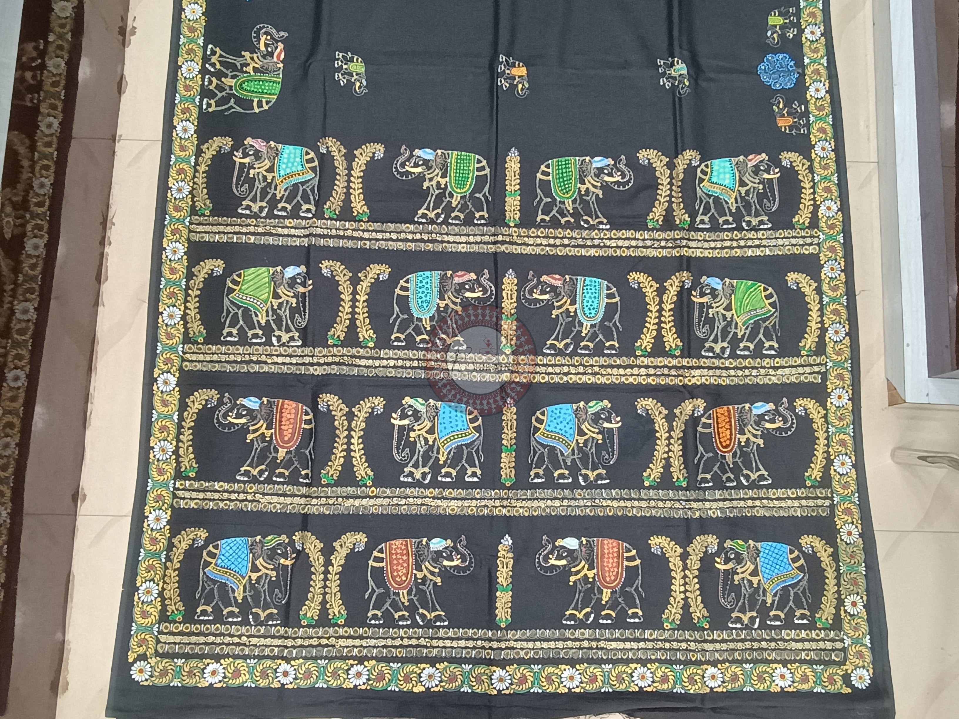 Black Elephant Theme Pattachitra Khadi Silk Saree