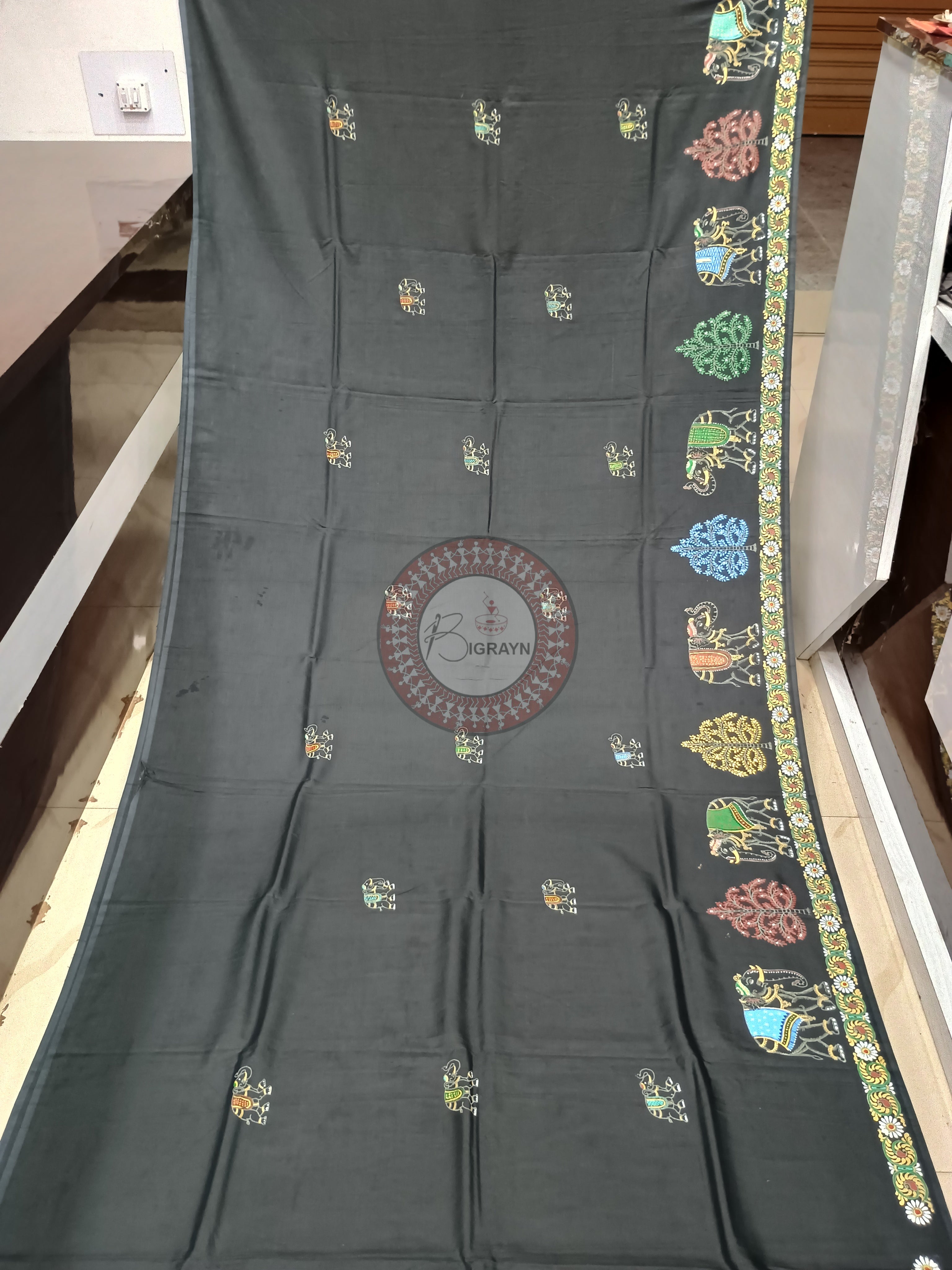 Black Elephant Theme Pattachitra Khadi Silk Saree