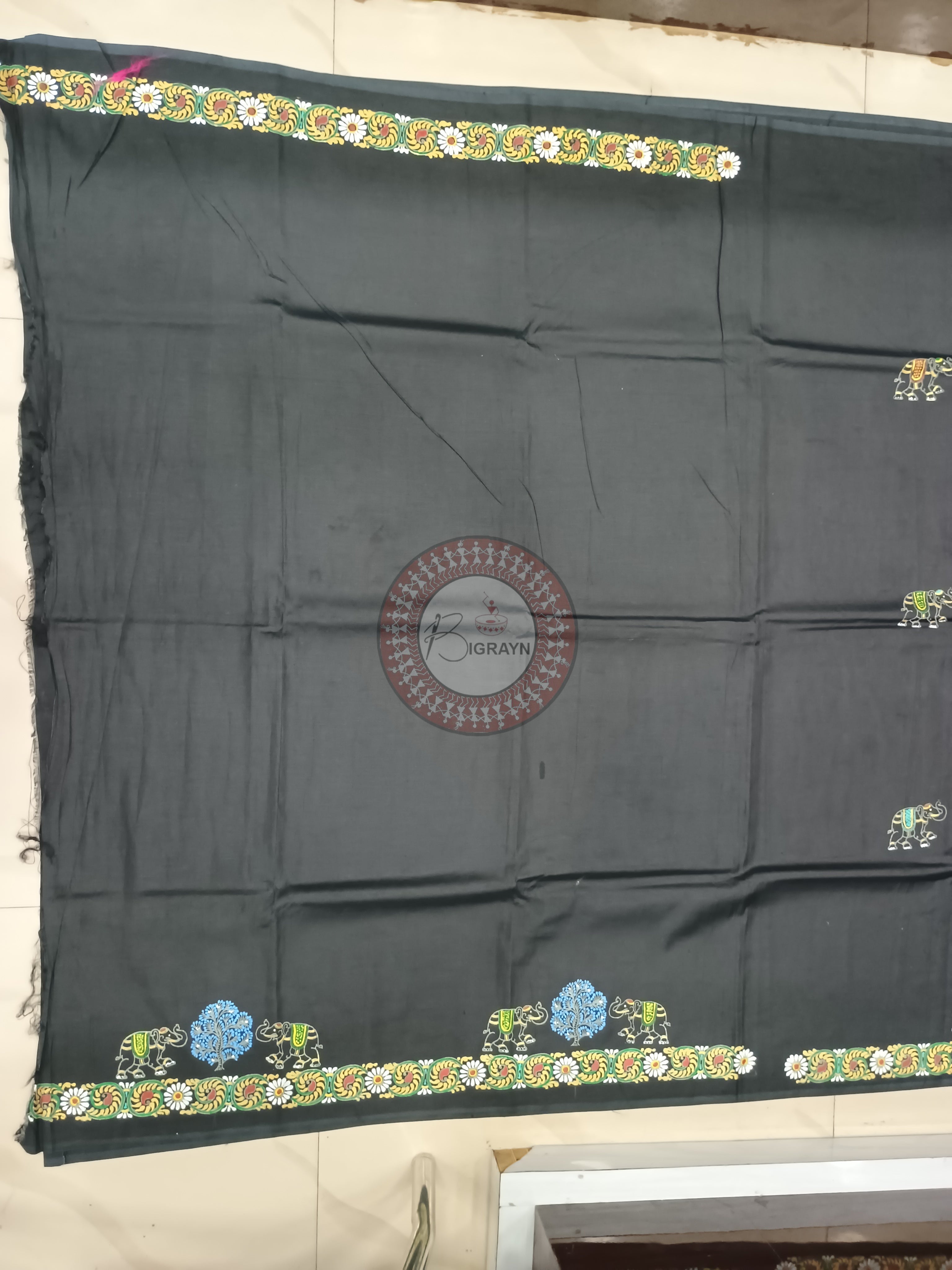 Black Elephant Theme Pattachitra Khadi Silk Saree