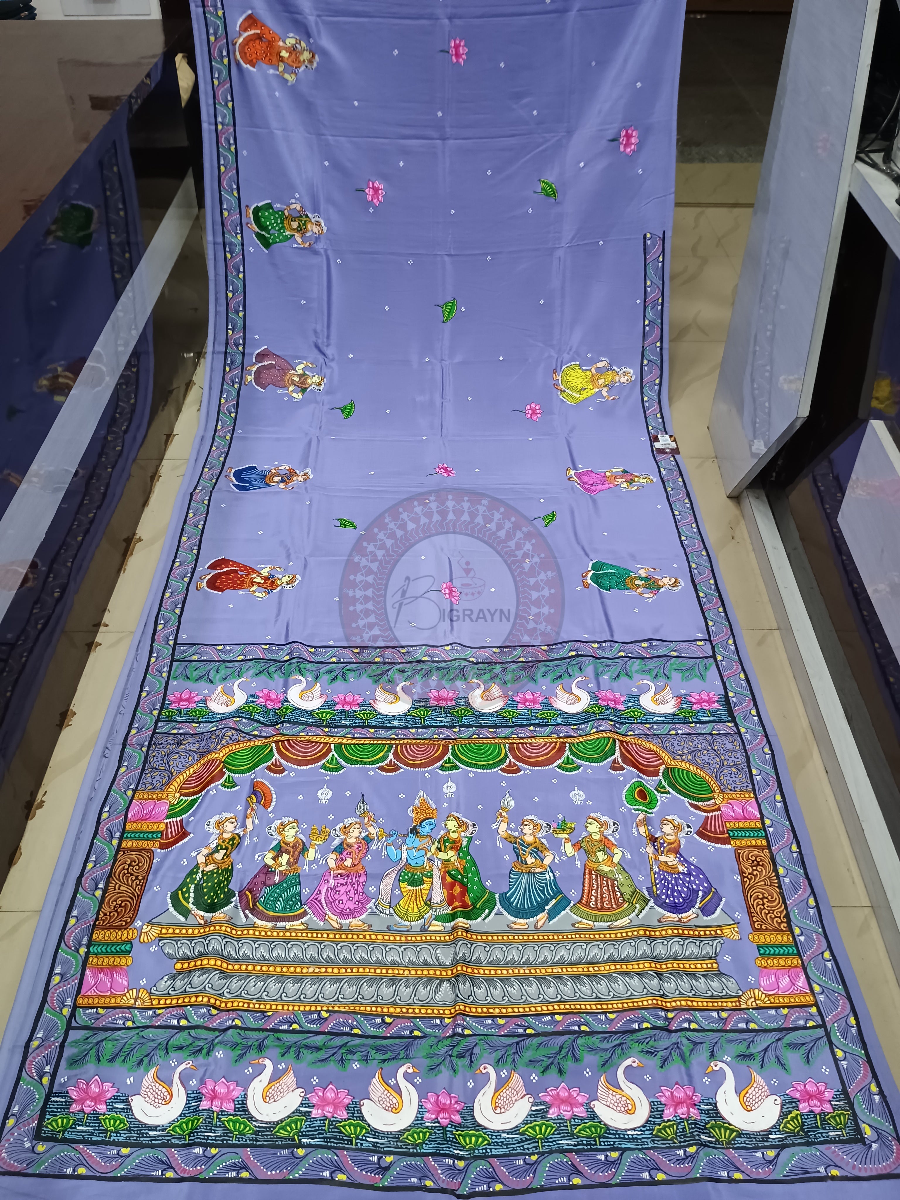 Light Purple Radha Krishna Rasa Pattachitra Khadi Silk Saree