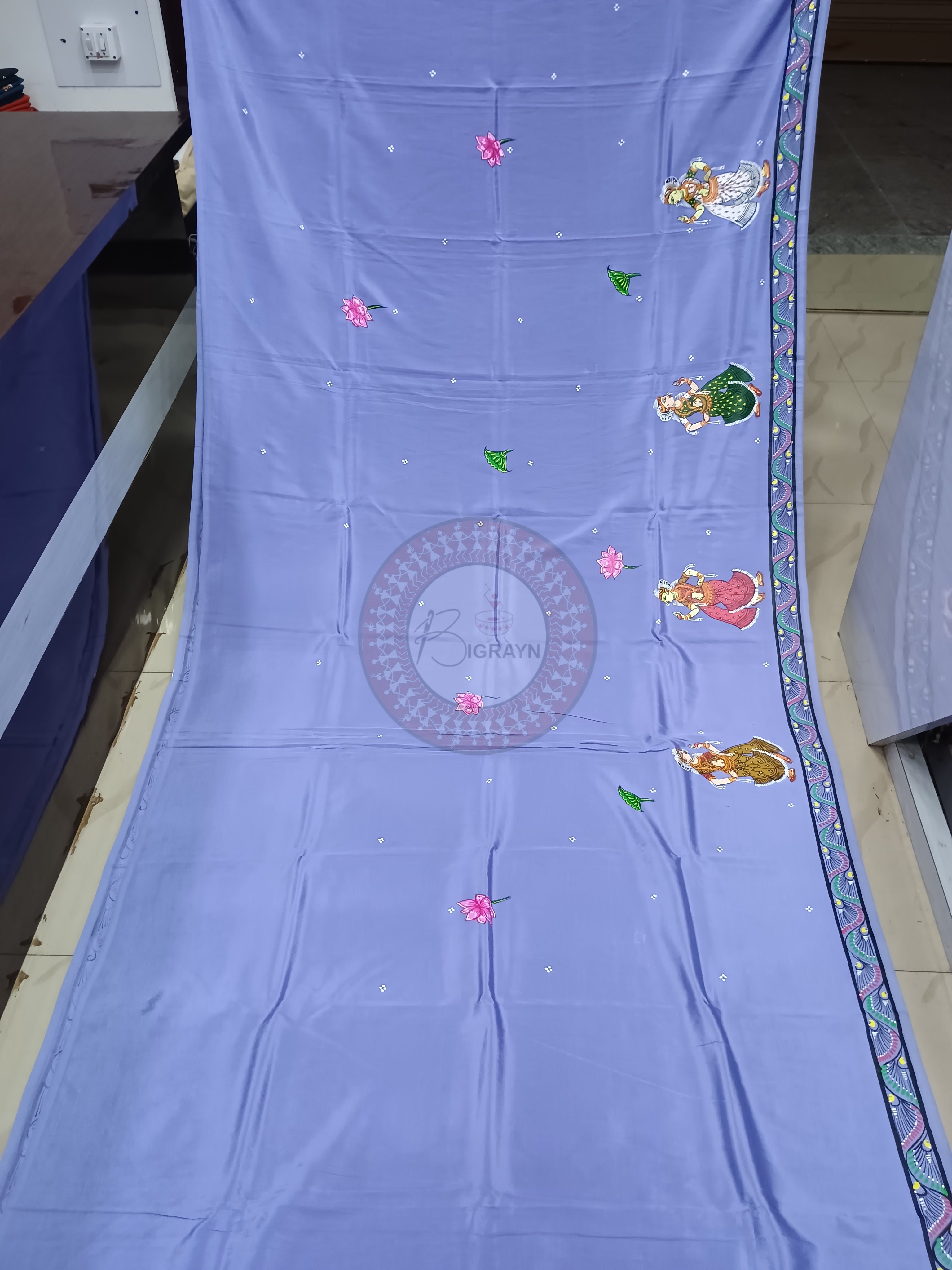 Light Purple Radha Krishna Rasa Pattachitra Khadi Silk Saree