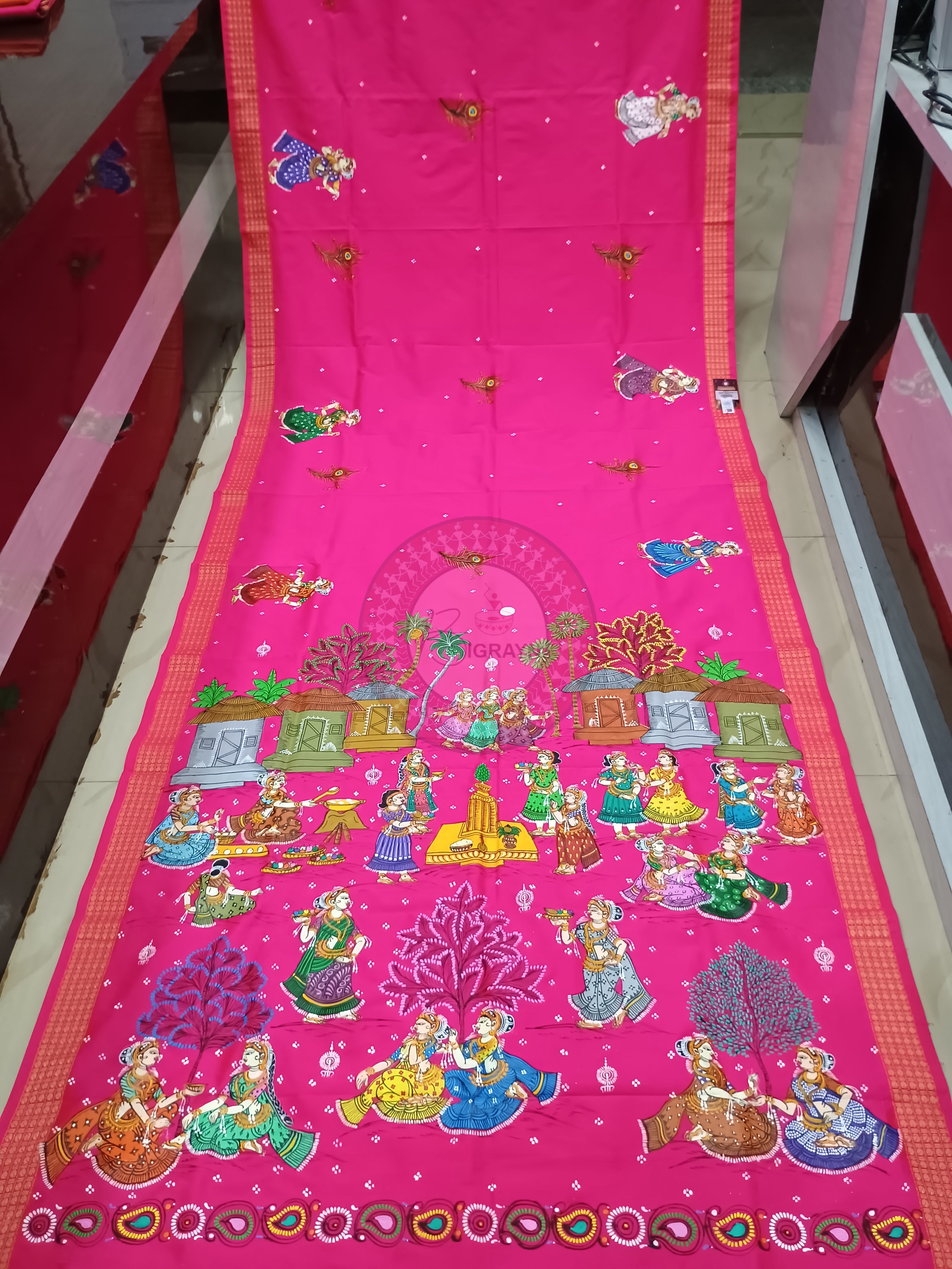 Pink Kumarpurnima Theme Pattachitra Cotton Blended Silk Saree