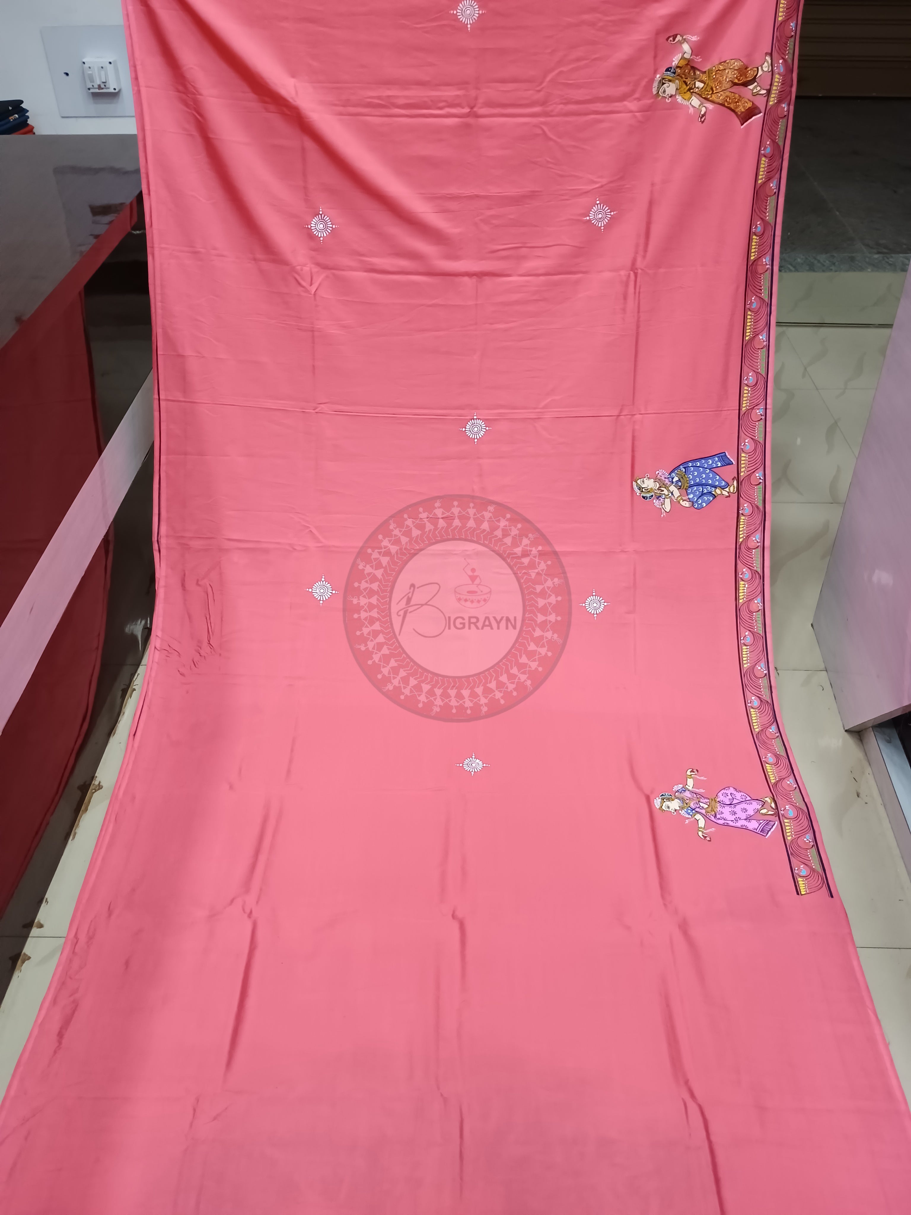 Pink Radha Krishna Rasa Theme Pattachitra Khadi Silk Saree